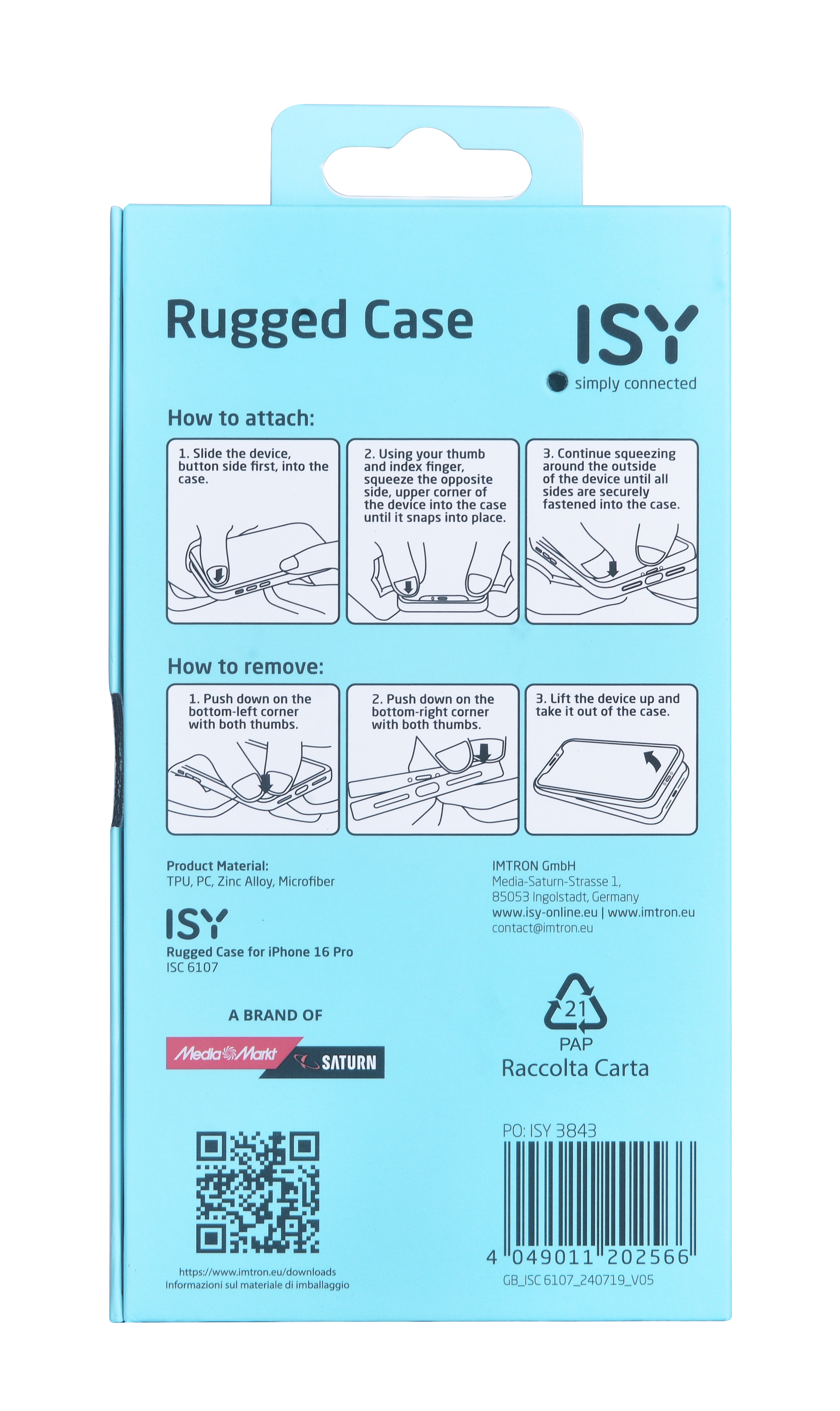 Un embalaje azul resistente para funda de teléfono con instrucciones e información del producto.