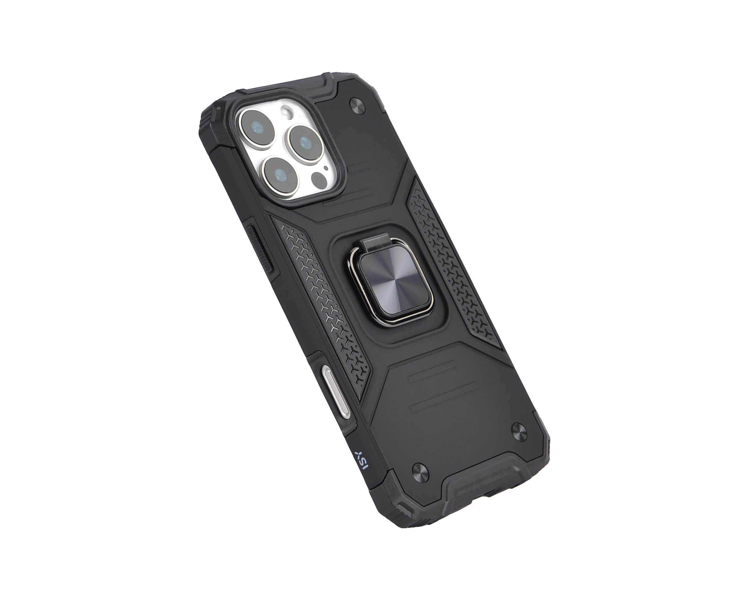 Funda de teléfono negra con soporte de anillo, parte trasera texturizada y protectores de esquina sobre blanco.