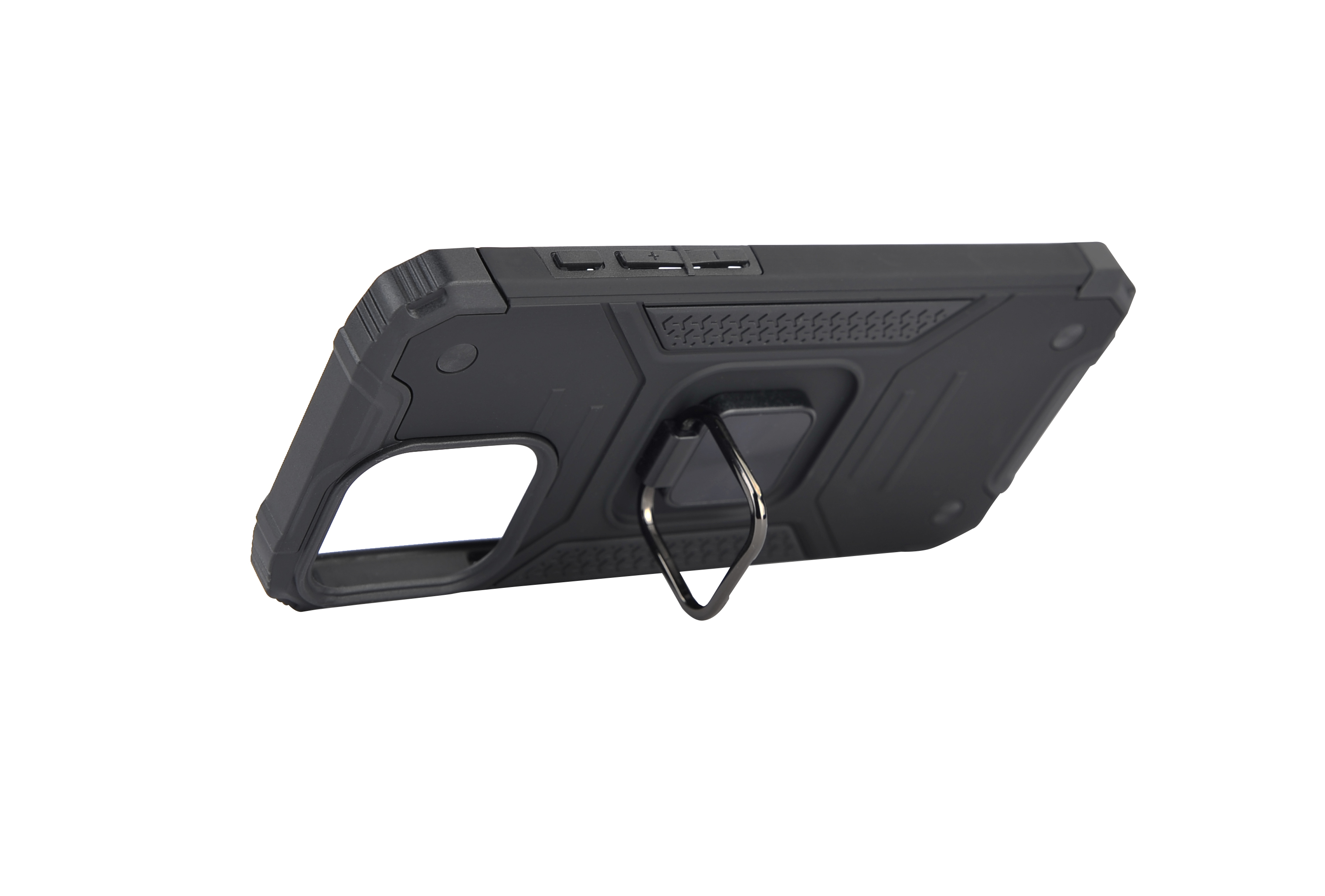 Funda negra para teléfono con soporte de anillo, en ángulo sobre una superficie blanca.