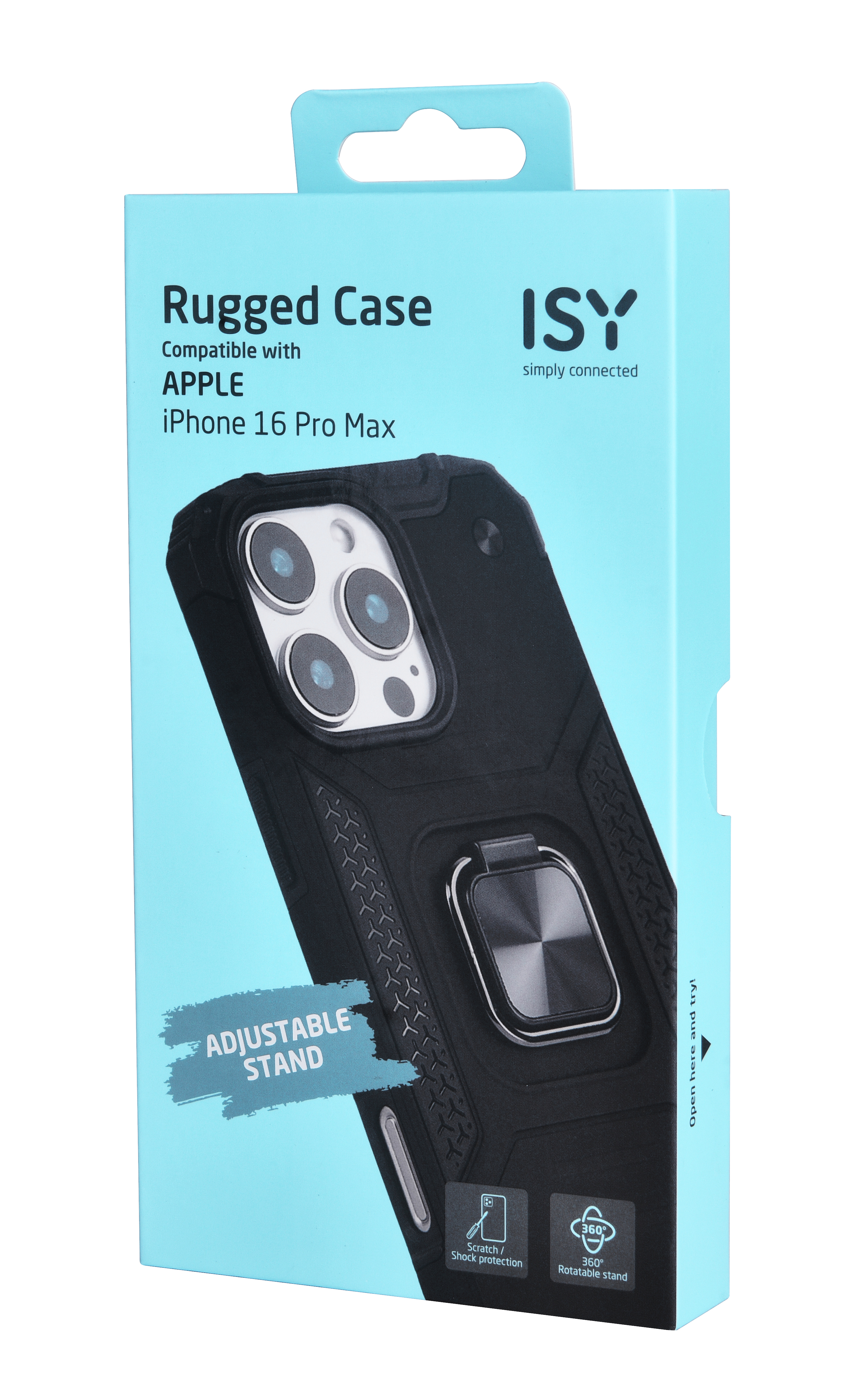 Caja azul con funda negra para iPhone y soporte de anillo giratorio, texto 'Rugged Case'.