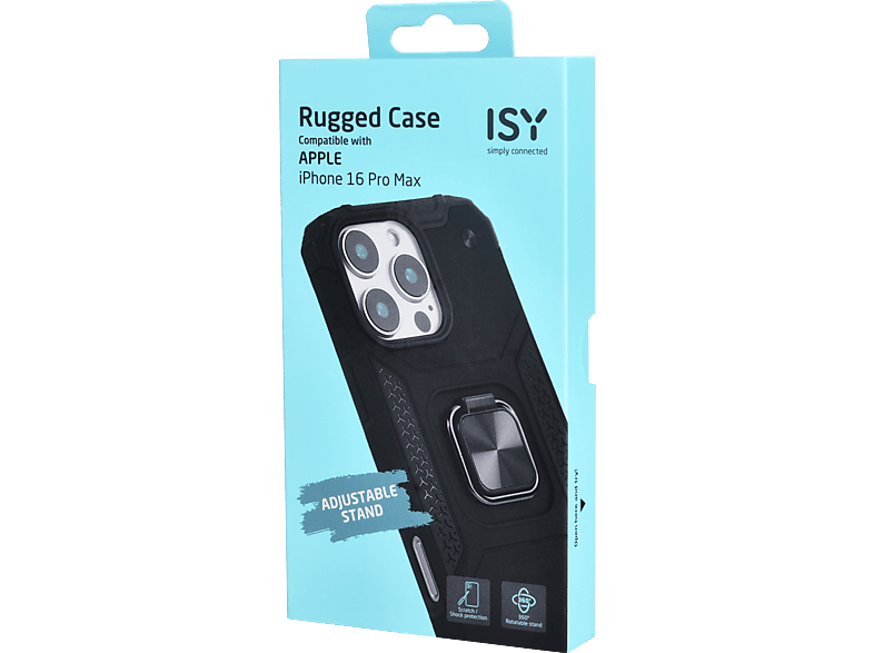 Funda móvil - ISY ISC 6108, Compatible con iPhone 16 Pro Max, Resistente a Golpes, Soporte Plegable Integrado, Negro