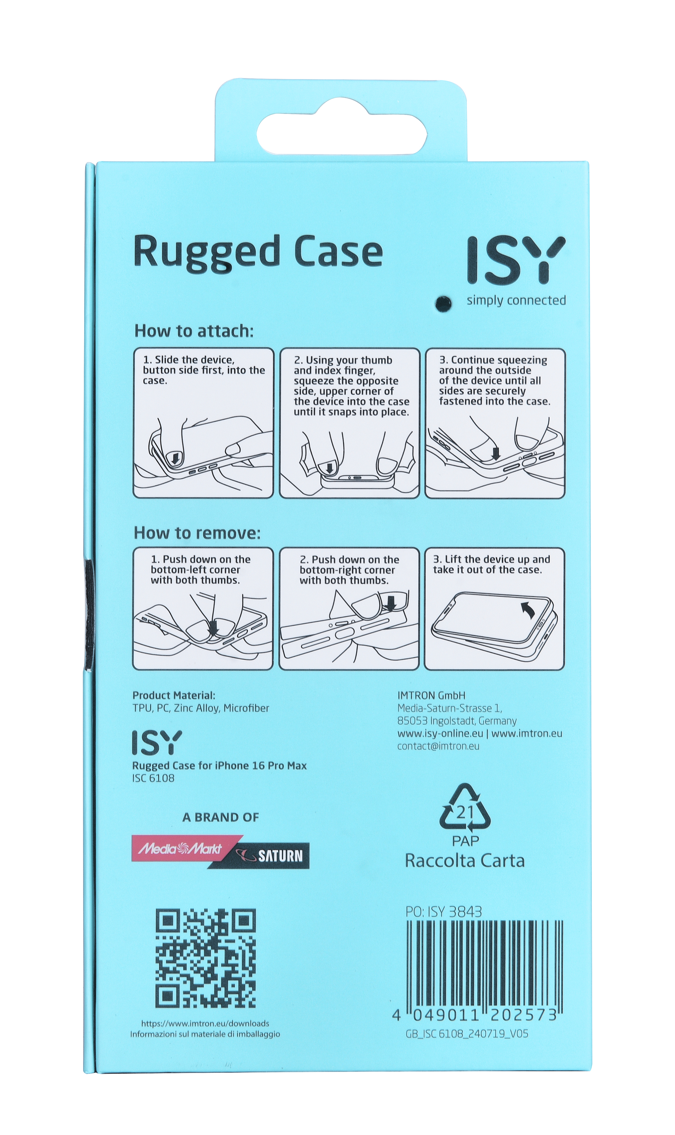 Una caja azul de funda de teléfono con instrucciones. Contiene una funda resistente para iPhone 16 Pro Max.