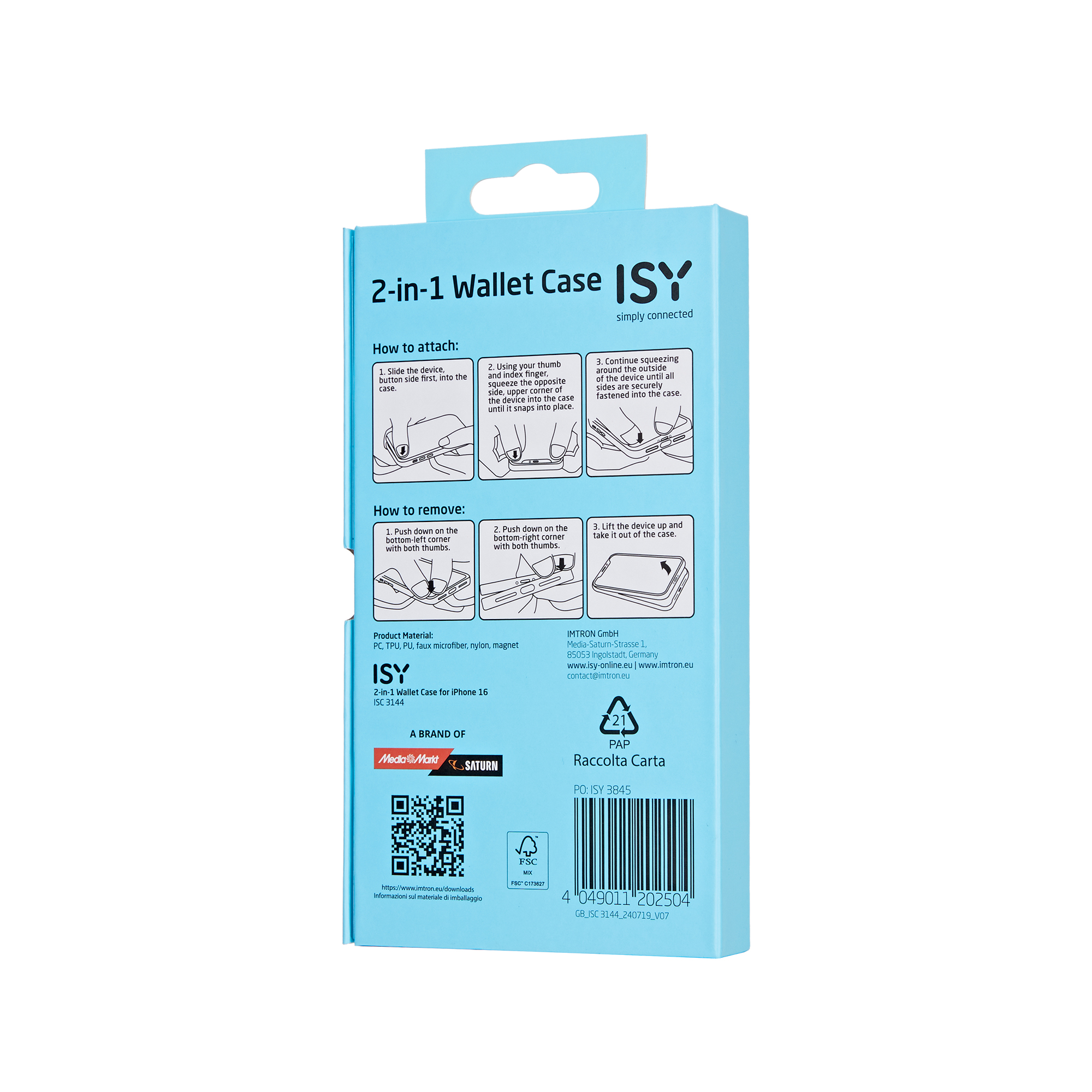 Empaque para una funda tipo cartera 2 en 1, con instrucciones y logotipos de marcas.