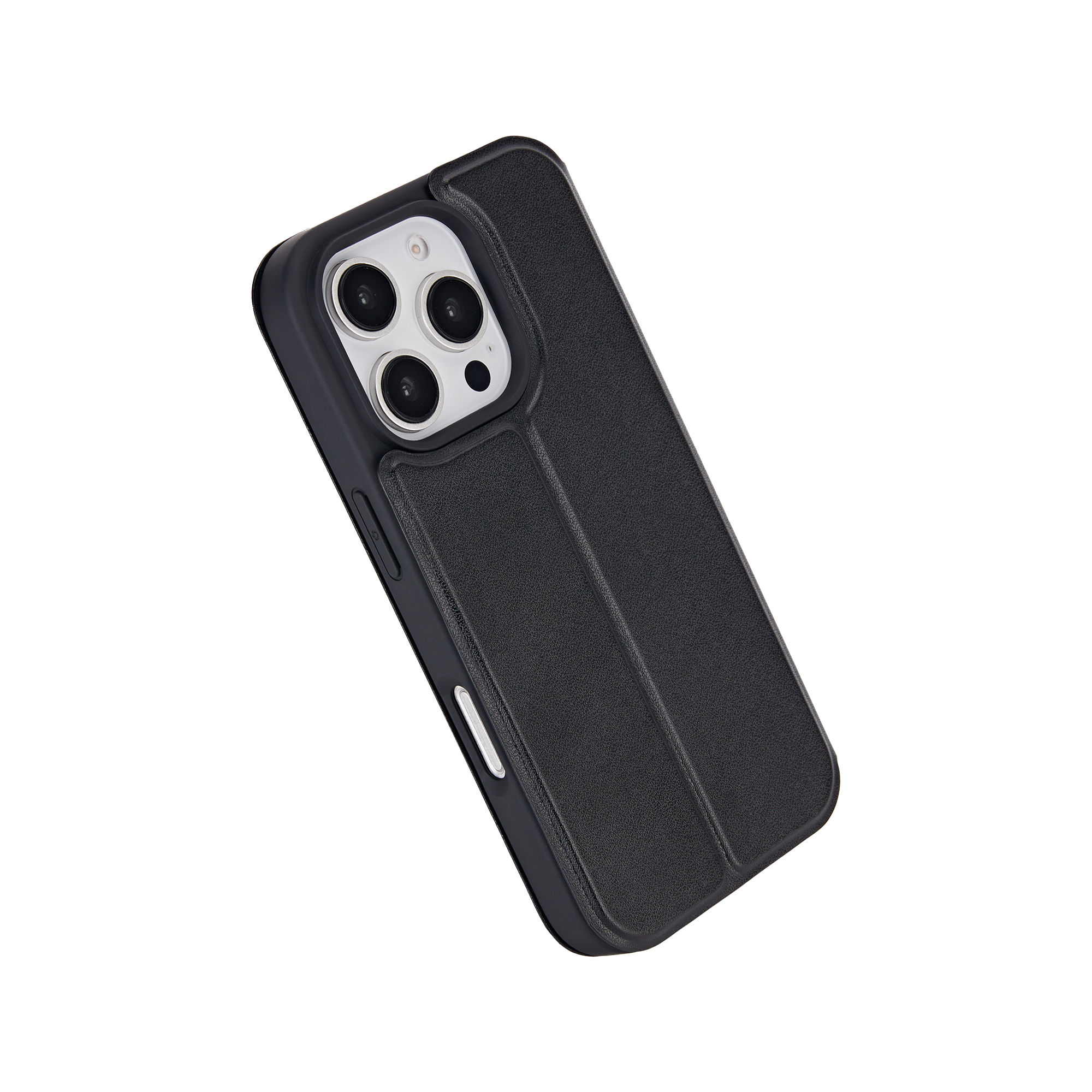Funda negra para iPhone con textura similar al cuero, ligeramente inclinada.