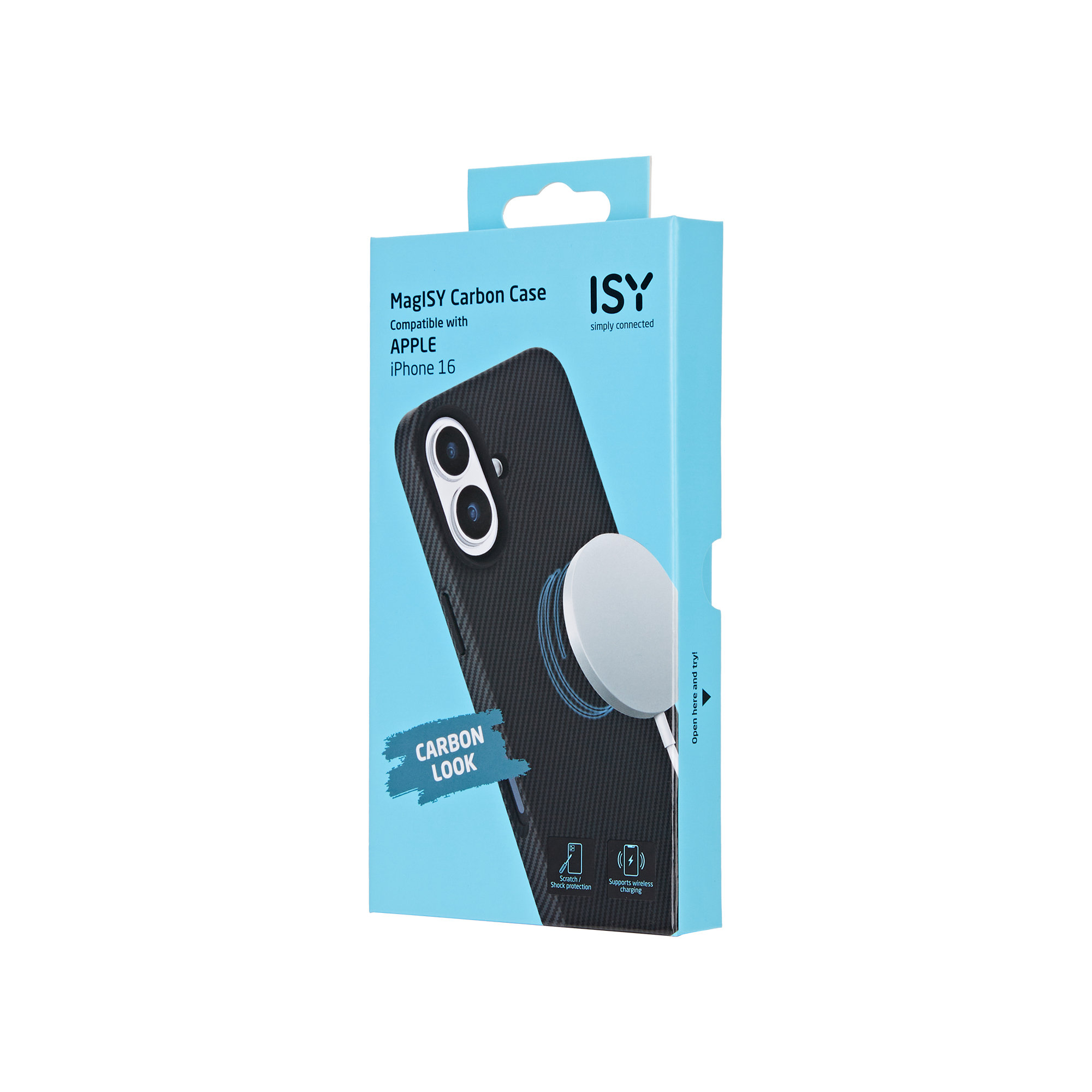Caja con funda para teléfono con aspecto de carbono, compatible con iPhone 16, con cargador magnético circular adjunto.