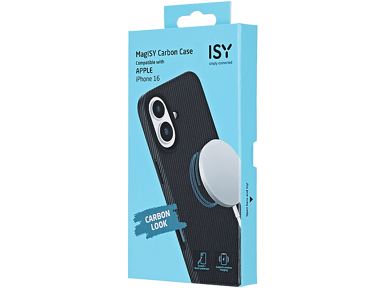 Funda móvil - ISY ISC 3743, Compatible con iPhone 16, Resistente a golpes, Negro Carbón
