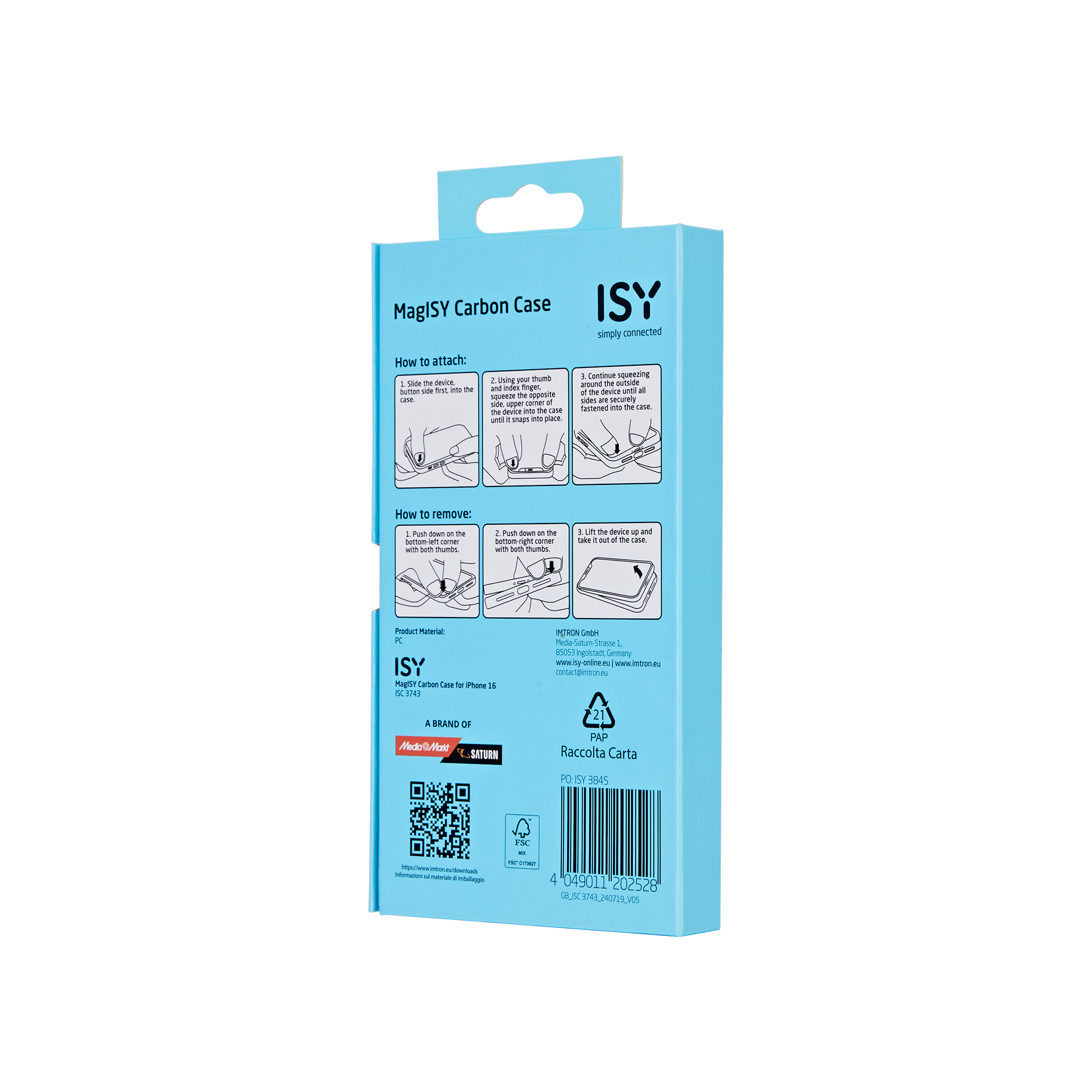 Caja azul con instrucciones para una funda MagISy Carbon para iPhone.