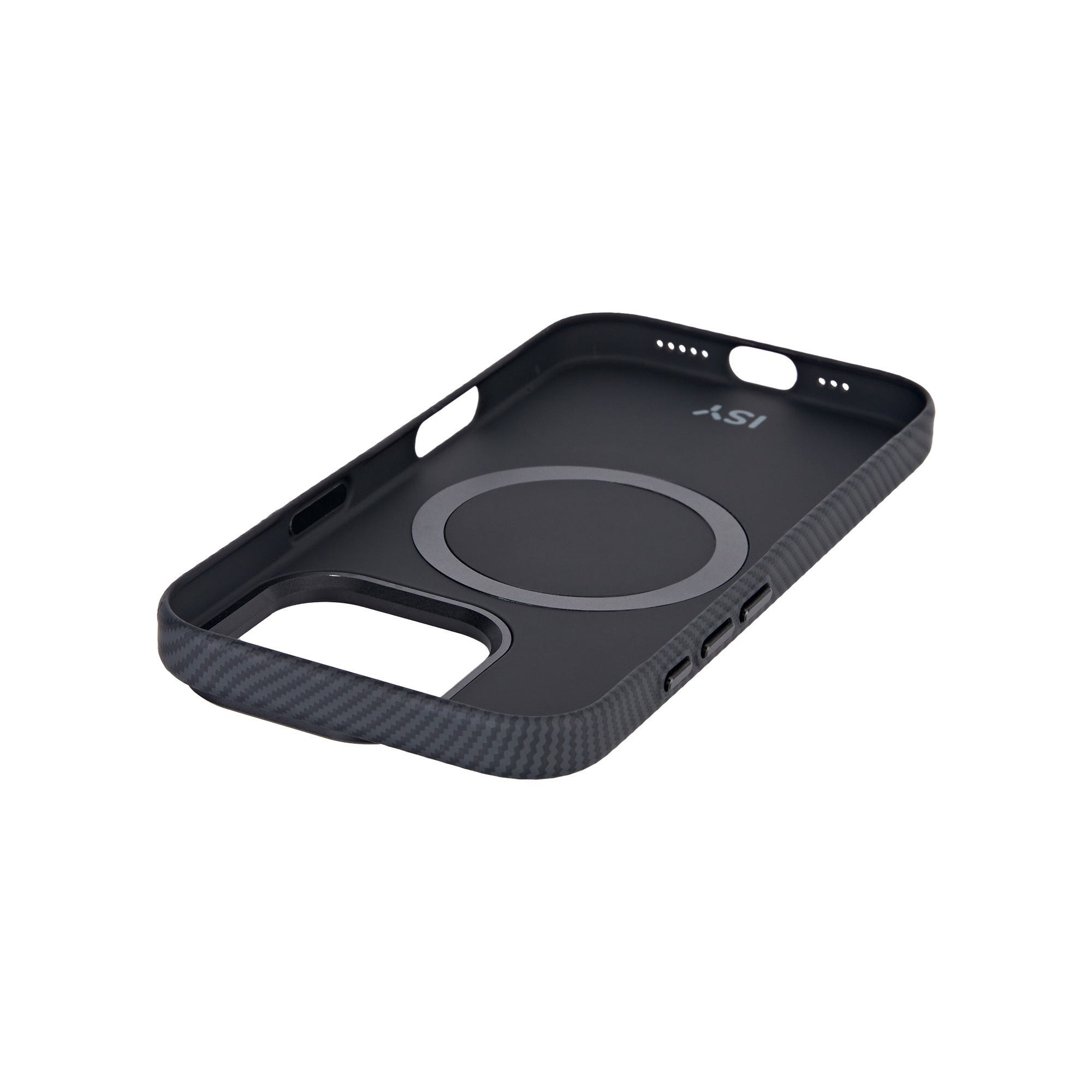 Funda negra para teléfono con imán circular gris y logo ISI en el interior.