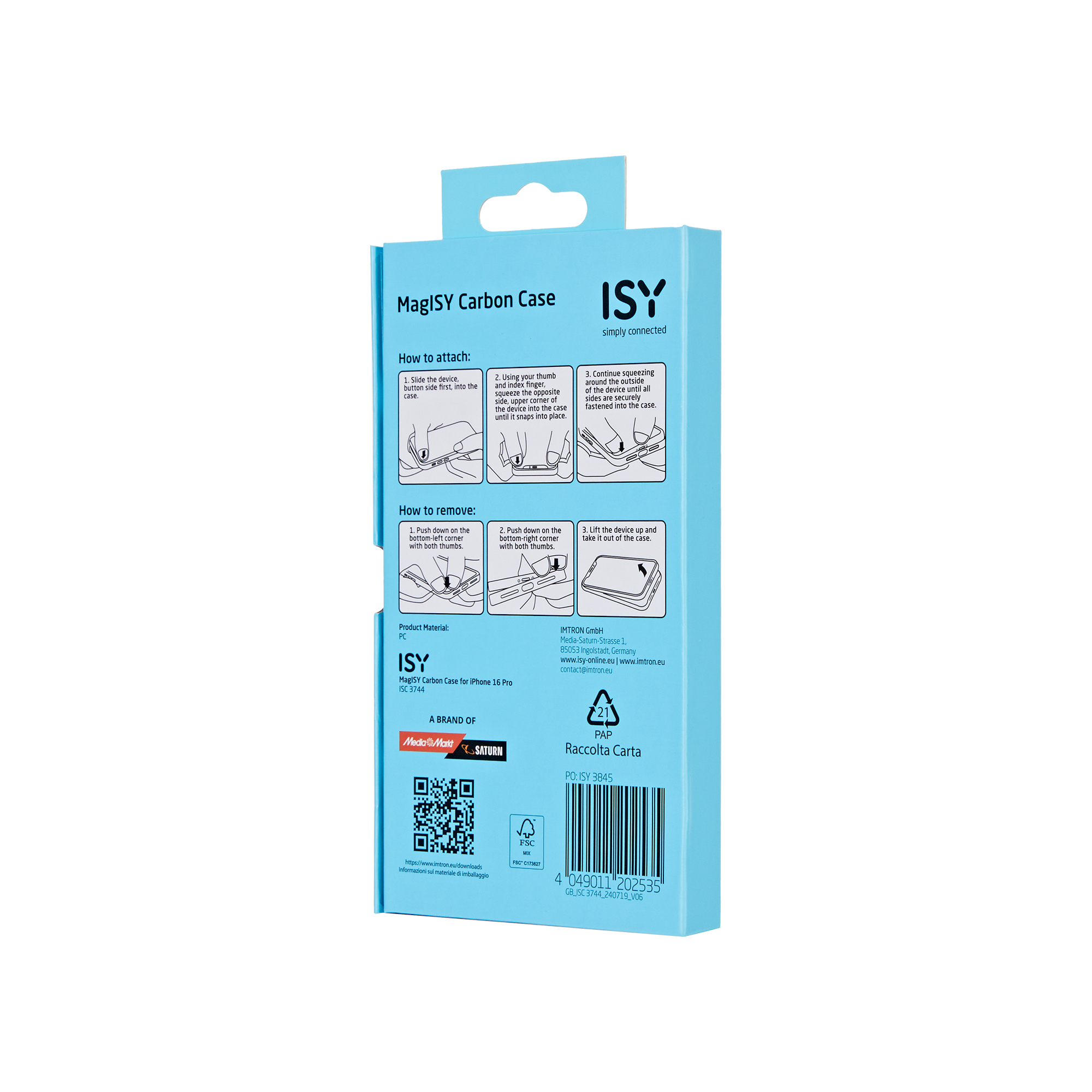 Parte trasera de una caja de MaglSY Carbon Case con instrucciones e información del producto.