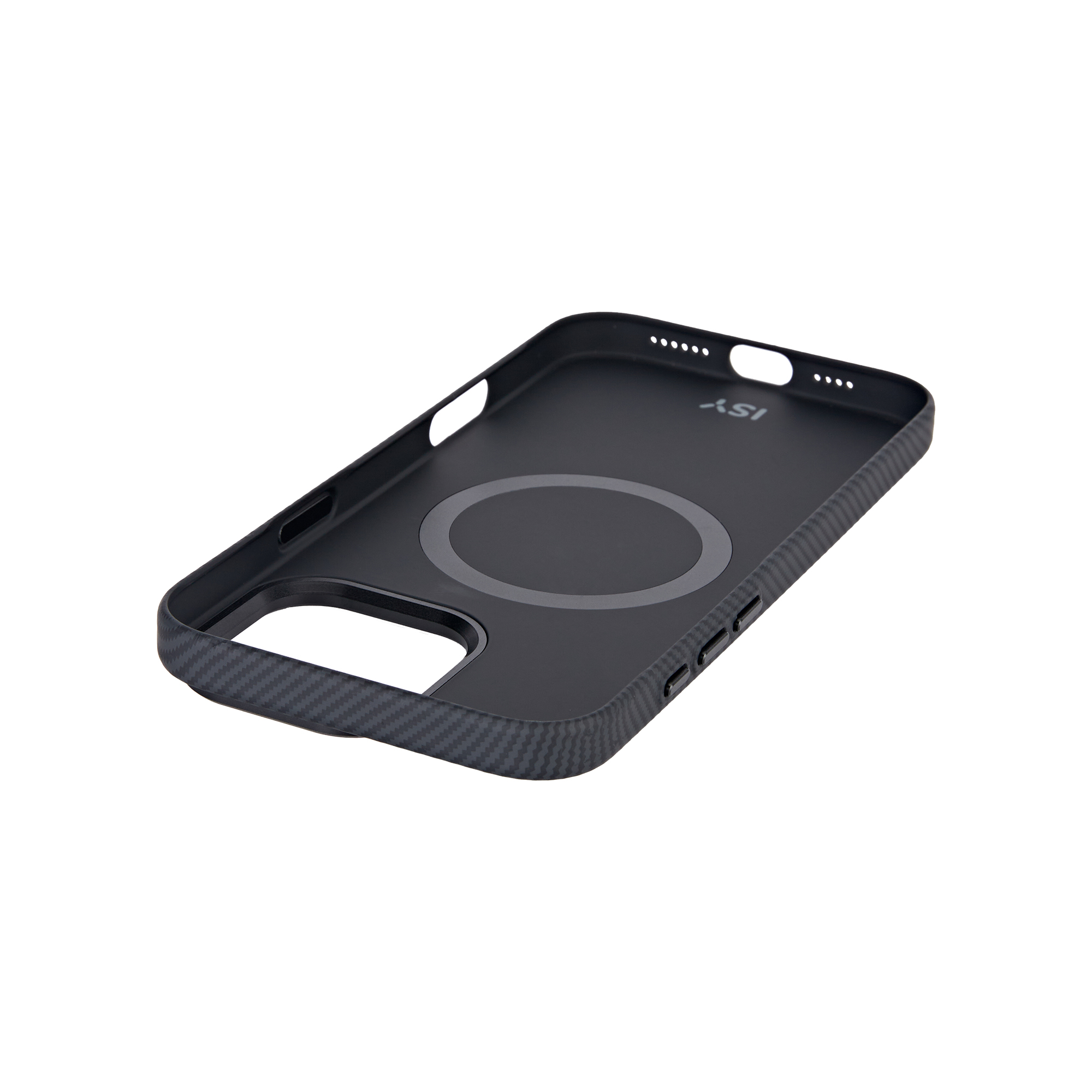 Funda negra para teléfono con anillo MagSafe y diseño de fibra de carbono texturizada.
