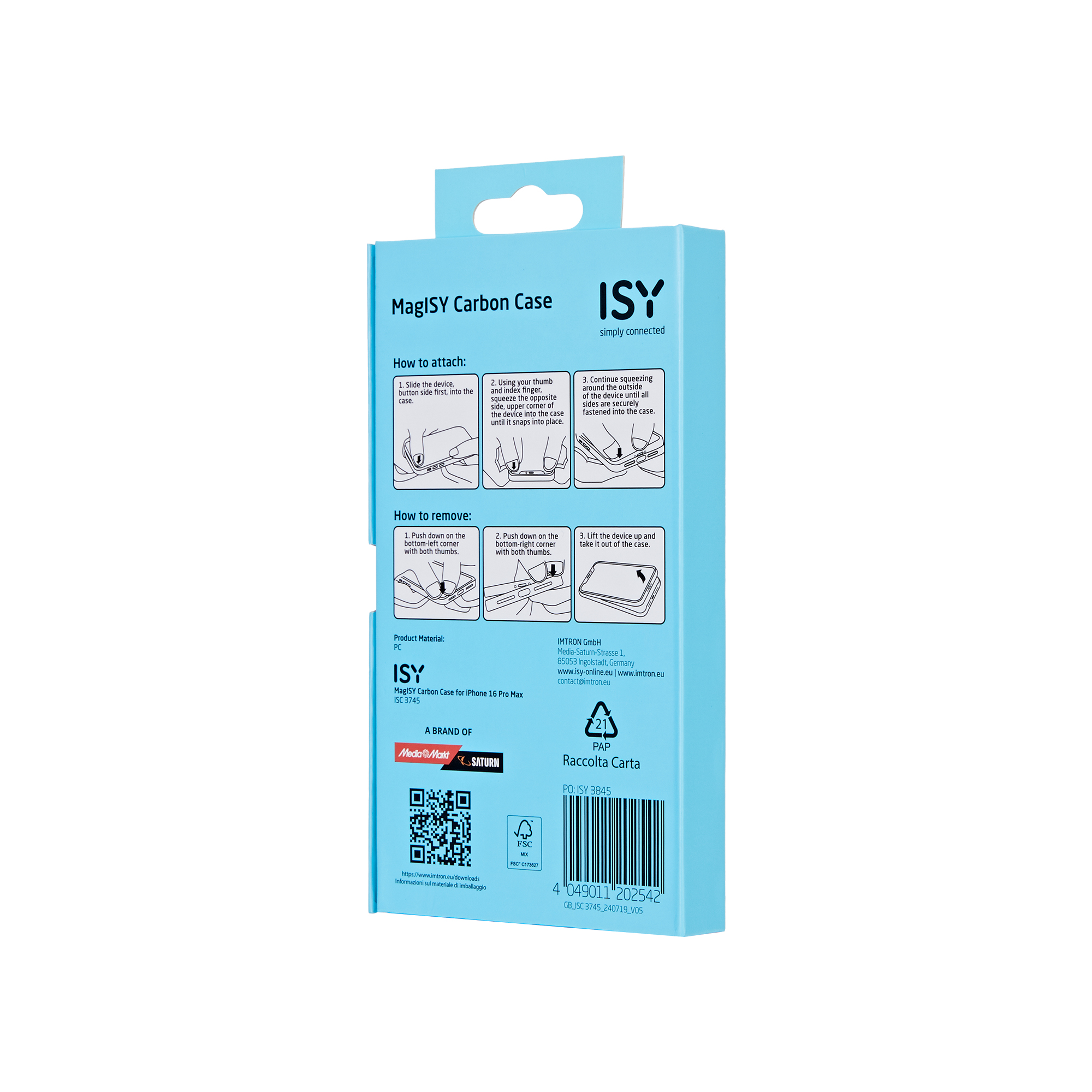 Embalaje de la funda de carbono ISY MaglSY azul con instrucciones en la parte trasera.