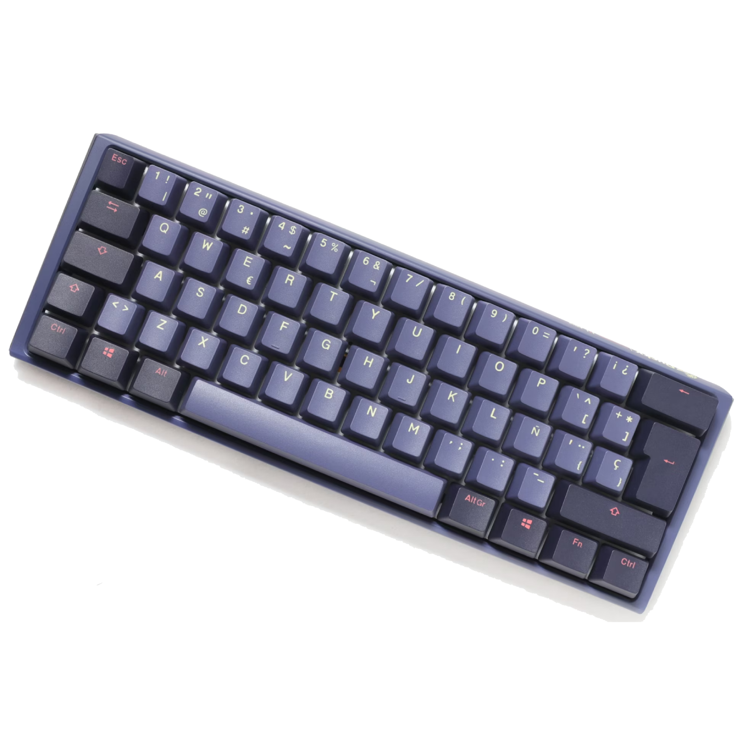 Un teclado compacto y en ángulo con marco azul y teclas oscuras. Las teclas están etiquetadas.