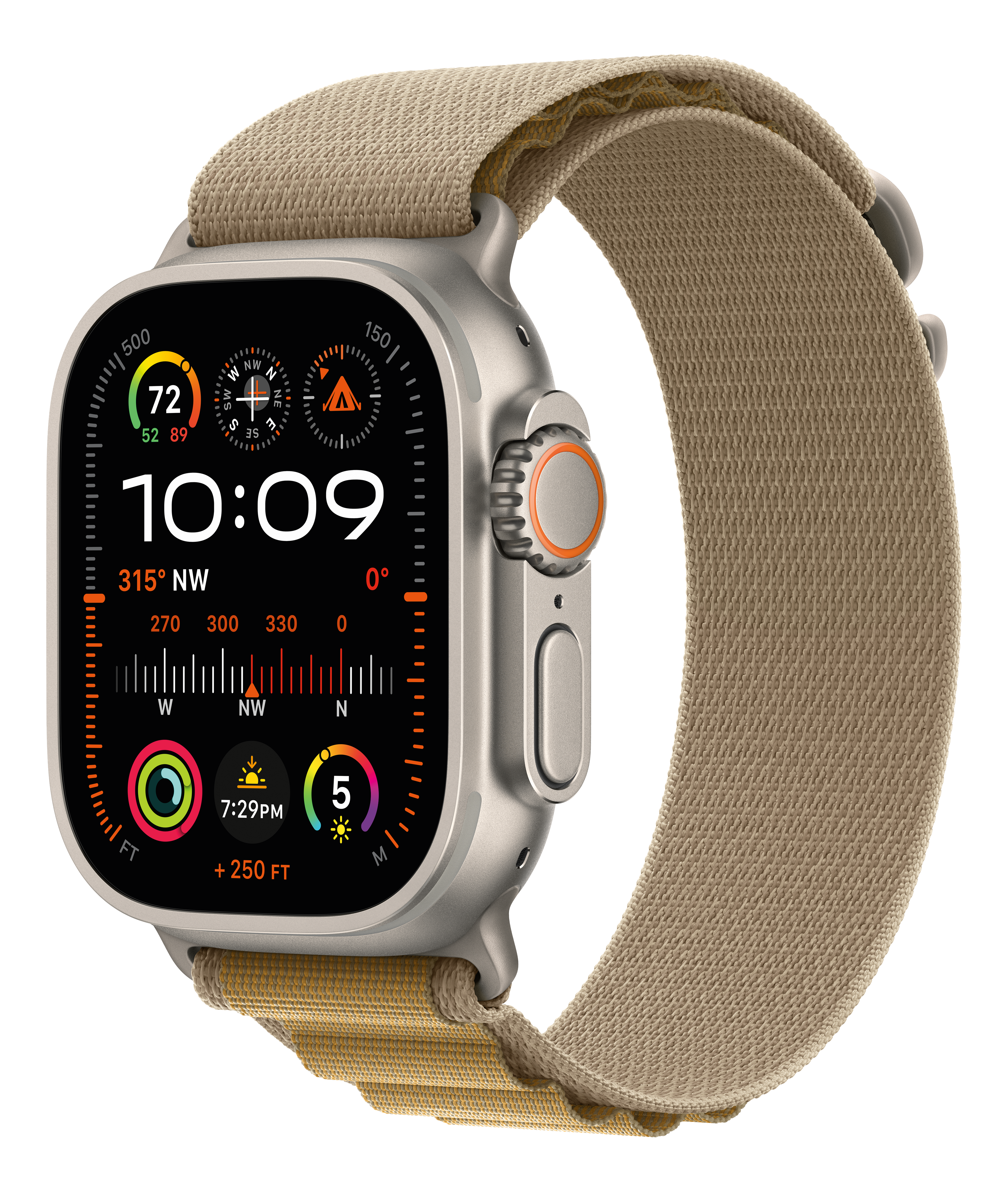 Silberne Apple Watch Ultra mit beigem Armband und digitaler Anzeige.