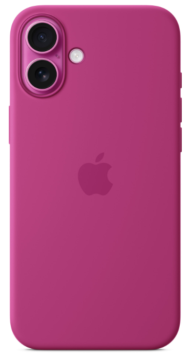 Fuksjowe etui na iPhone z dwoma obiektywami aparatu i logo Apple.