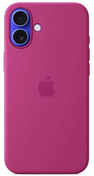 Różowy iPhone z niebieskim modułem aparatu, na białym tle, z logo Apple.