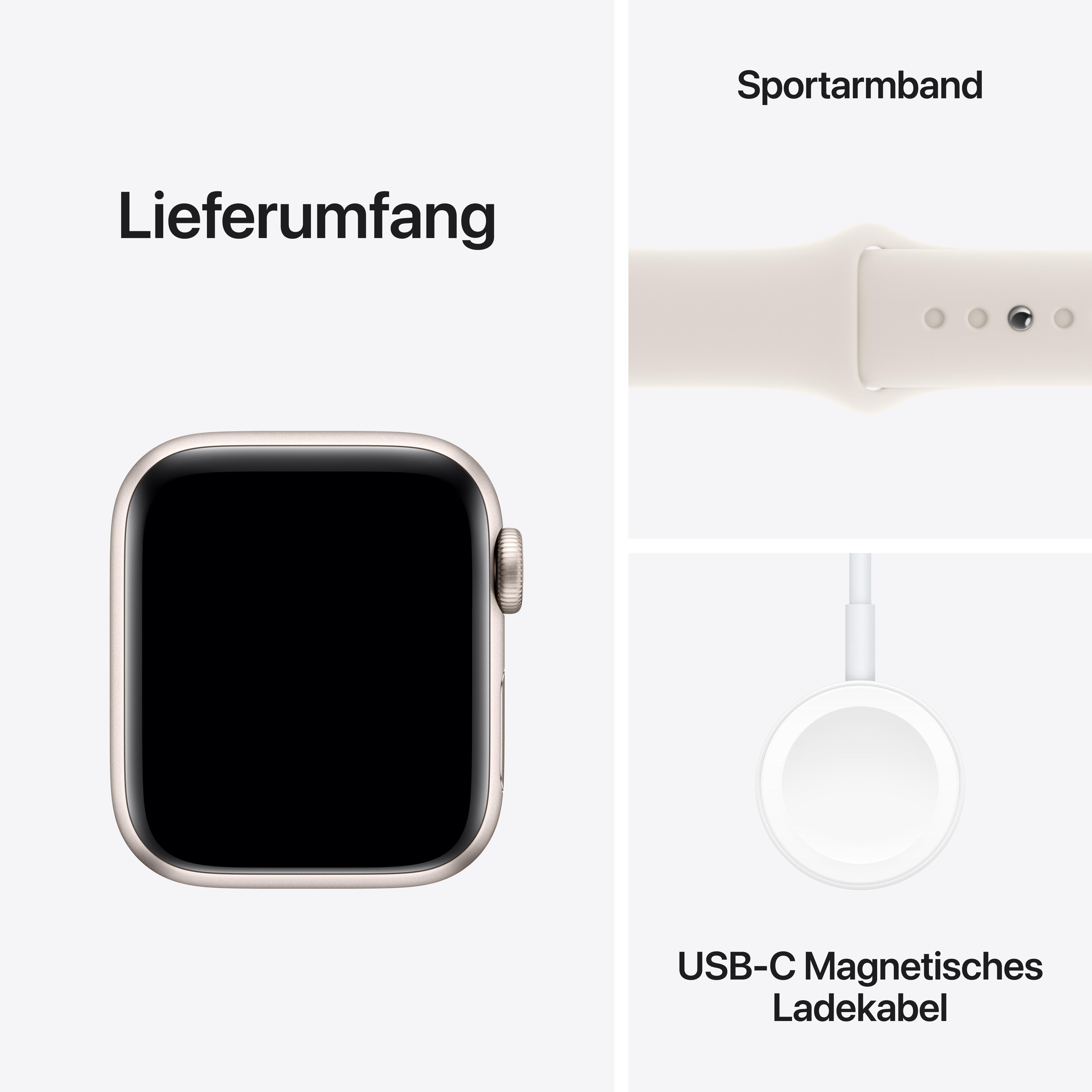 Apple Watch, Sportarmband und USB-C-Ladekabel auf weißem Hintergrund.