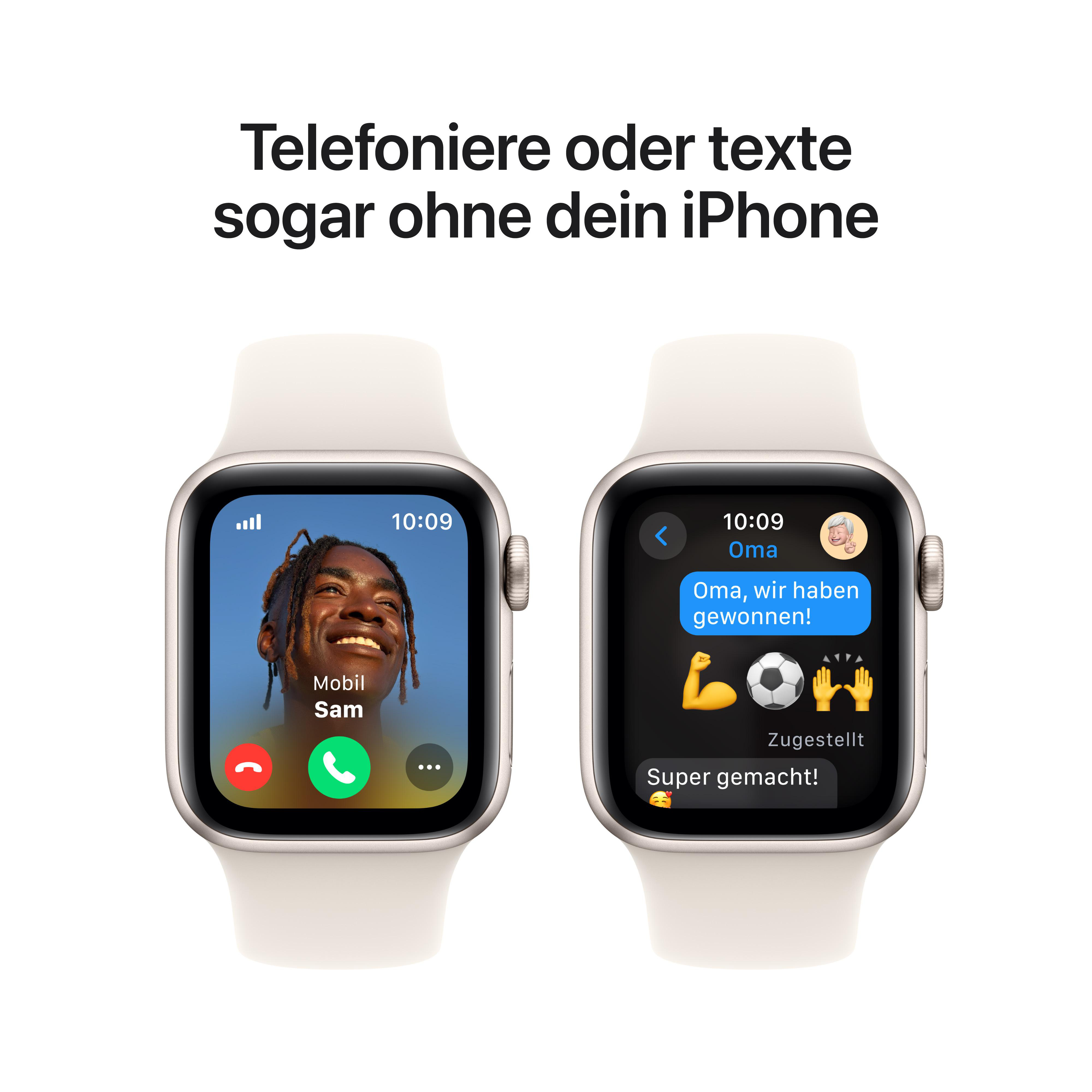 Zwei Apple Watches mit Anrufen und Texten, weiße Bänder, weißer Hintergrund.