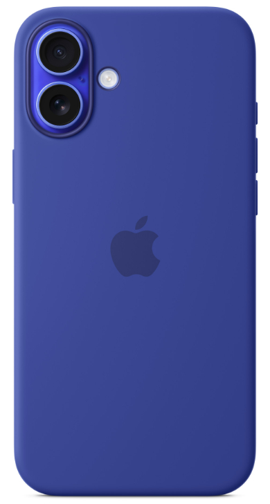 Niebieskie etui na iPhone'a, widok z tyłu, pokazujący dwa aparaty i logo Apple.