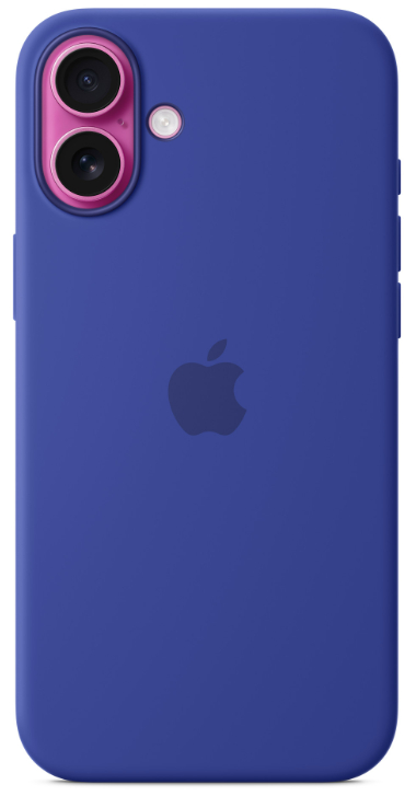 Niebieskie etui na iPhone'a z różowym pierścieniem aparatu i logo Apple.