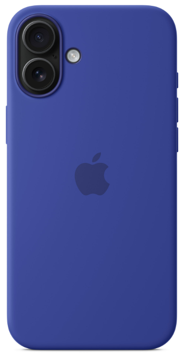 Niebieskie etui na telefon, z logo Apple z tyłu, widocznym obiektywem aparatu, na białym tle.