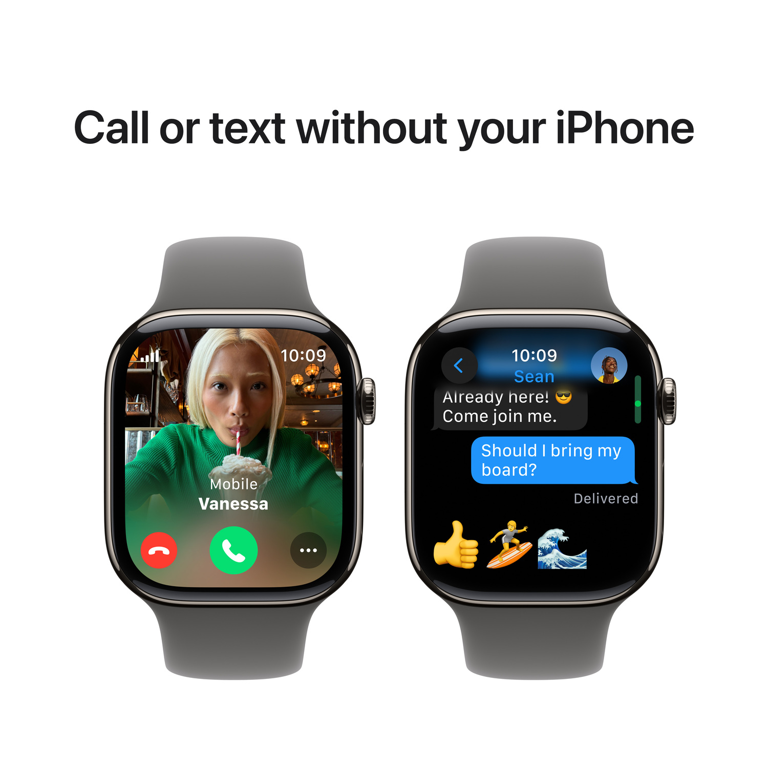 Two Apple Watches displaying video calls and text messages, one with a woman, the other a text.