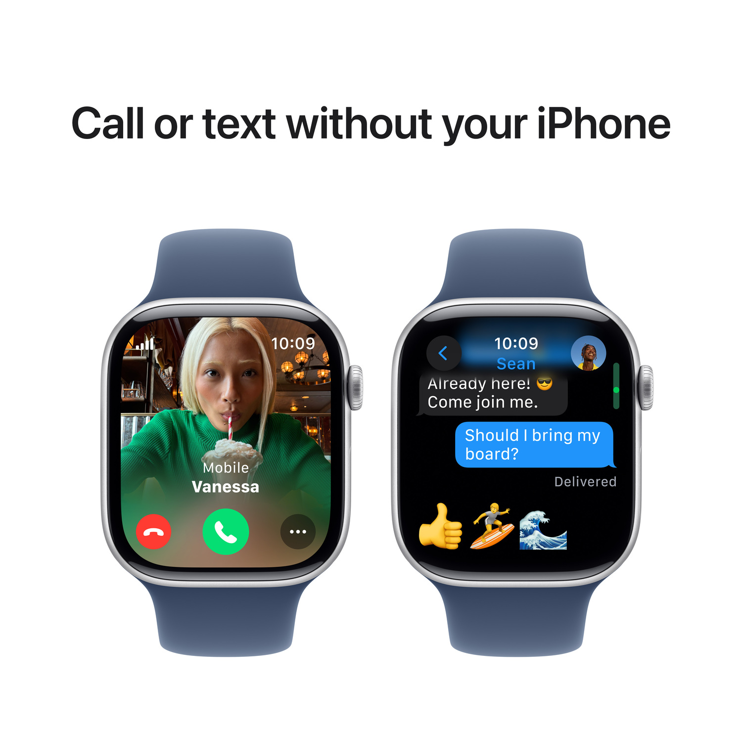 Twee Apple Watches tonen oproepen en sms'jes. Eén toont een videogesprek, de ander sms'jes.
