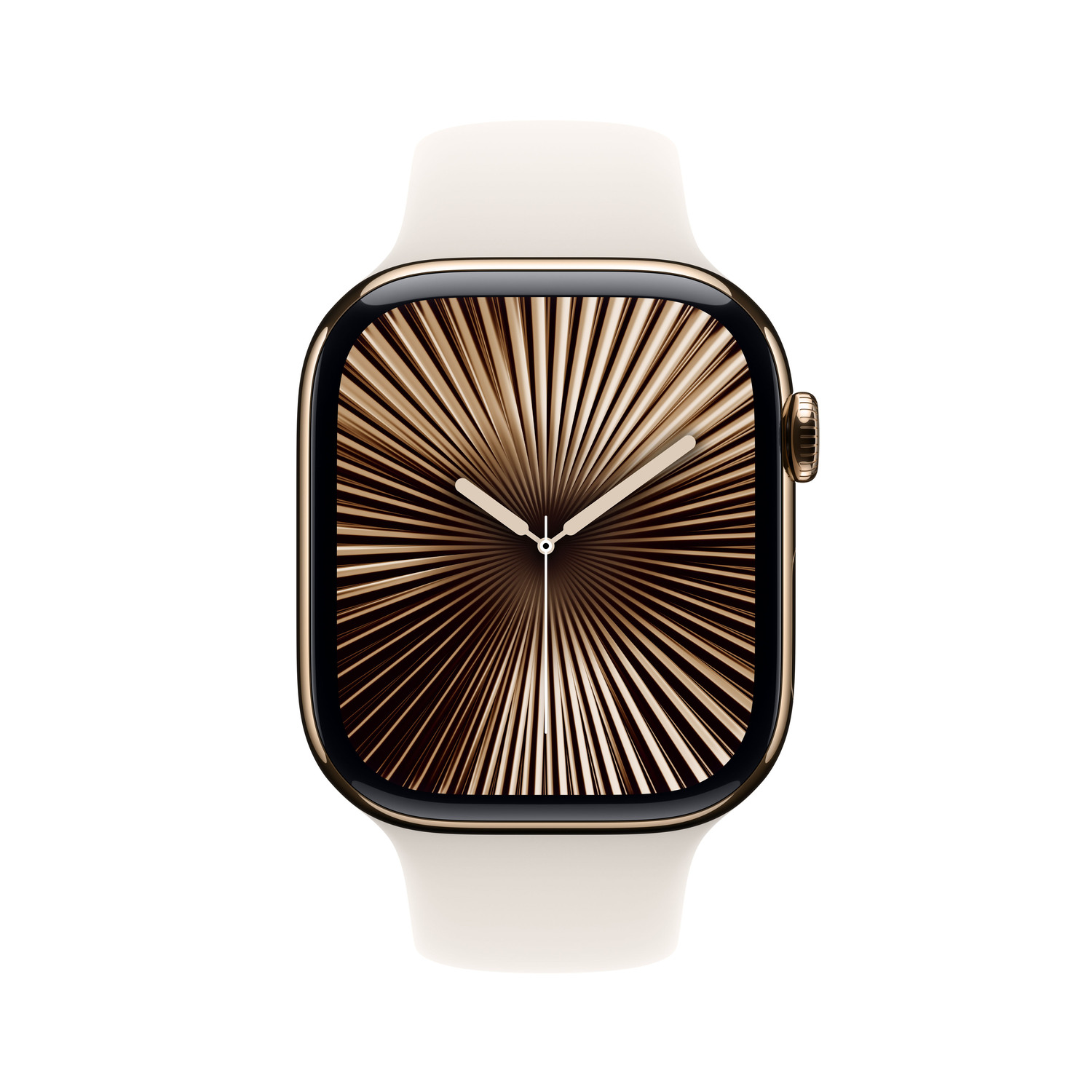 A gold watch with a white strap. The watch face has a radial pattern design.