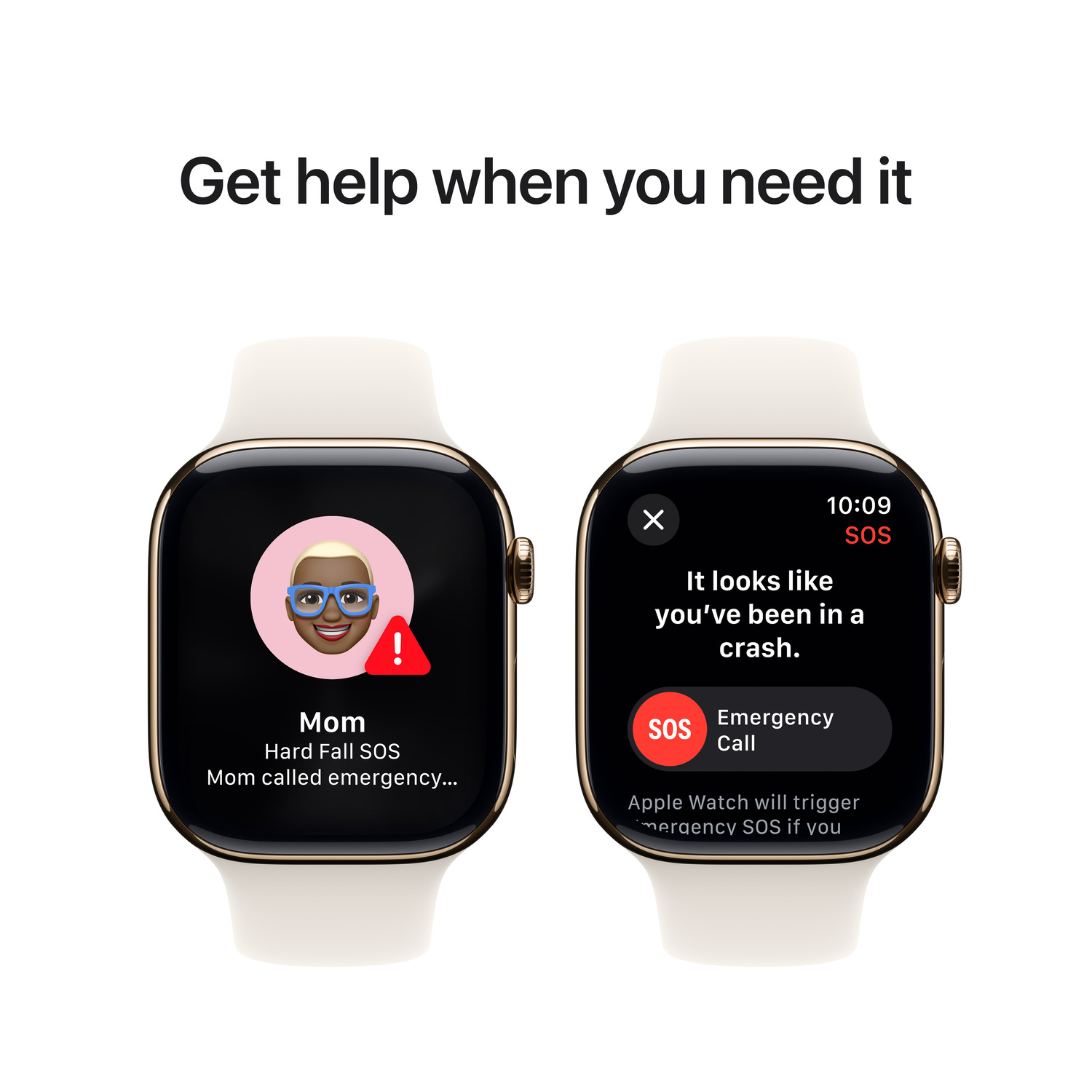 Two smartwatches with SOS emergency screens. Text states a crash and calls for help.