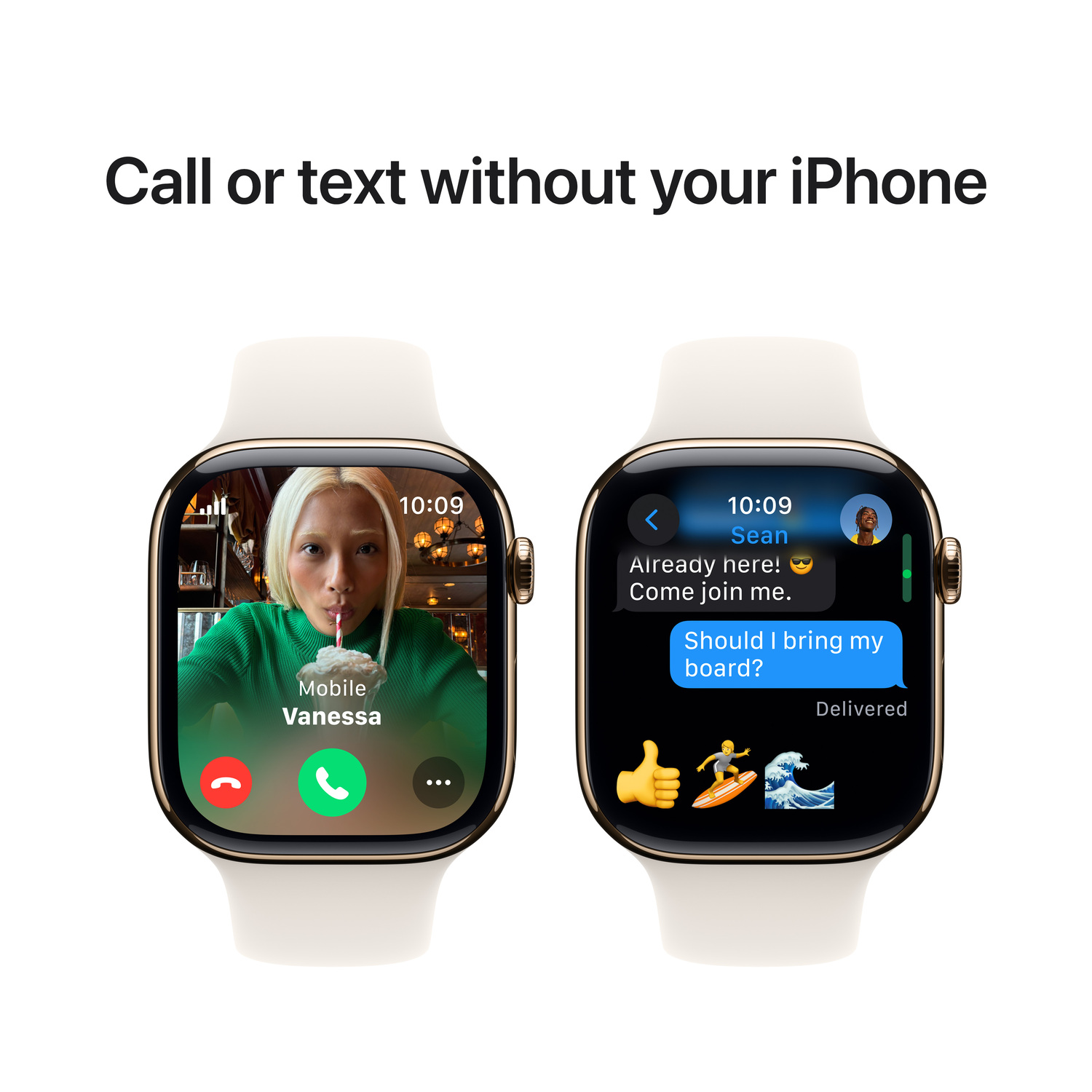 Two smartwatches: One shows a call, the other a text with emojis. Text: "Call or text without your iPhone".