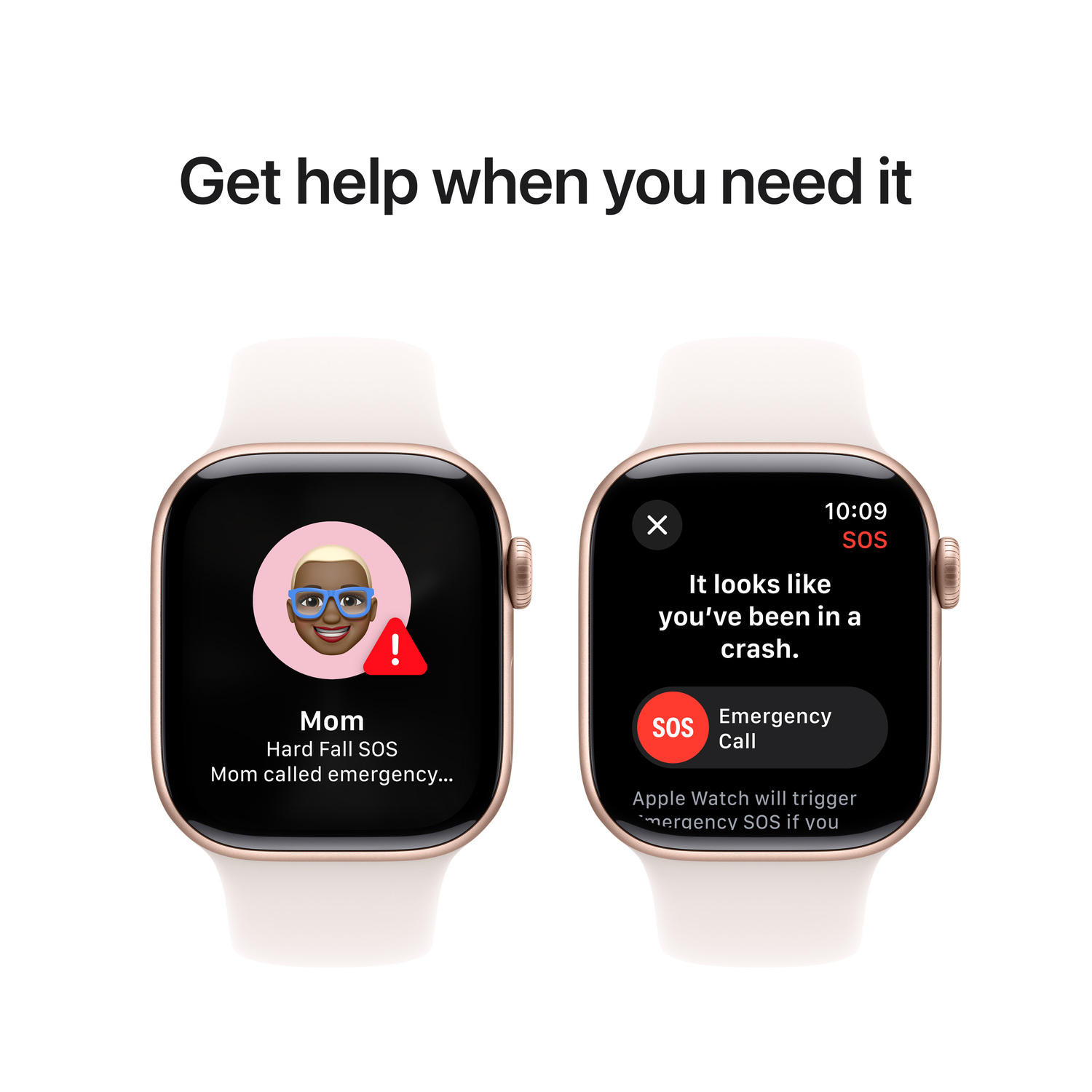 Two Apple watches displaying emergency calls. One shows Mom's call, the other details a crash.