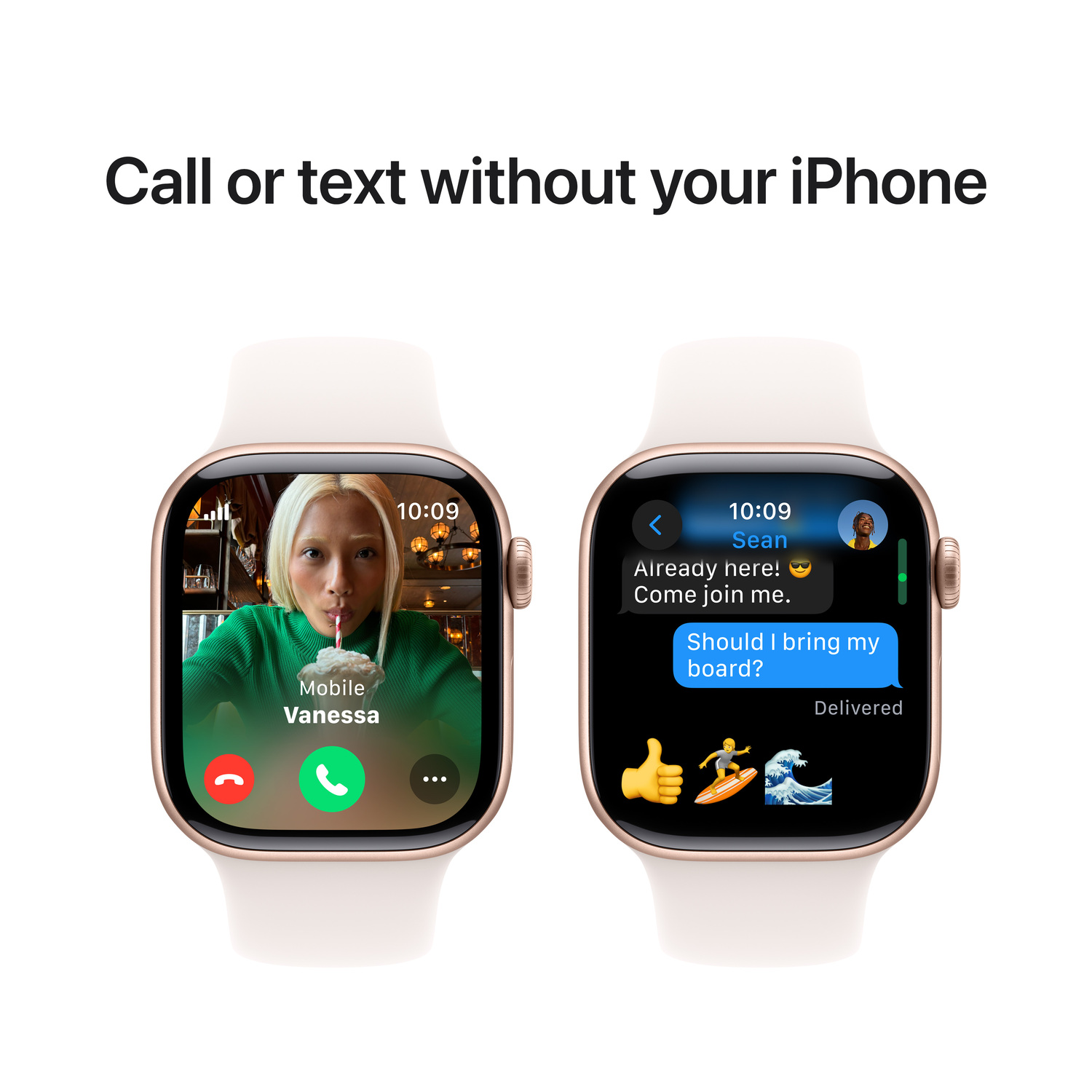 Two Apple watches, one with a video call, and the other with a text message.