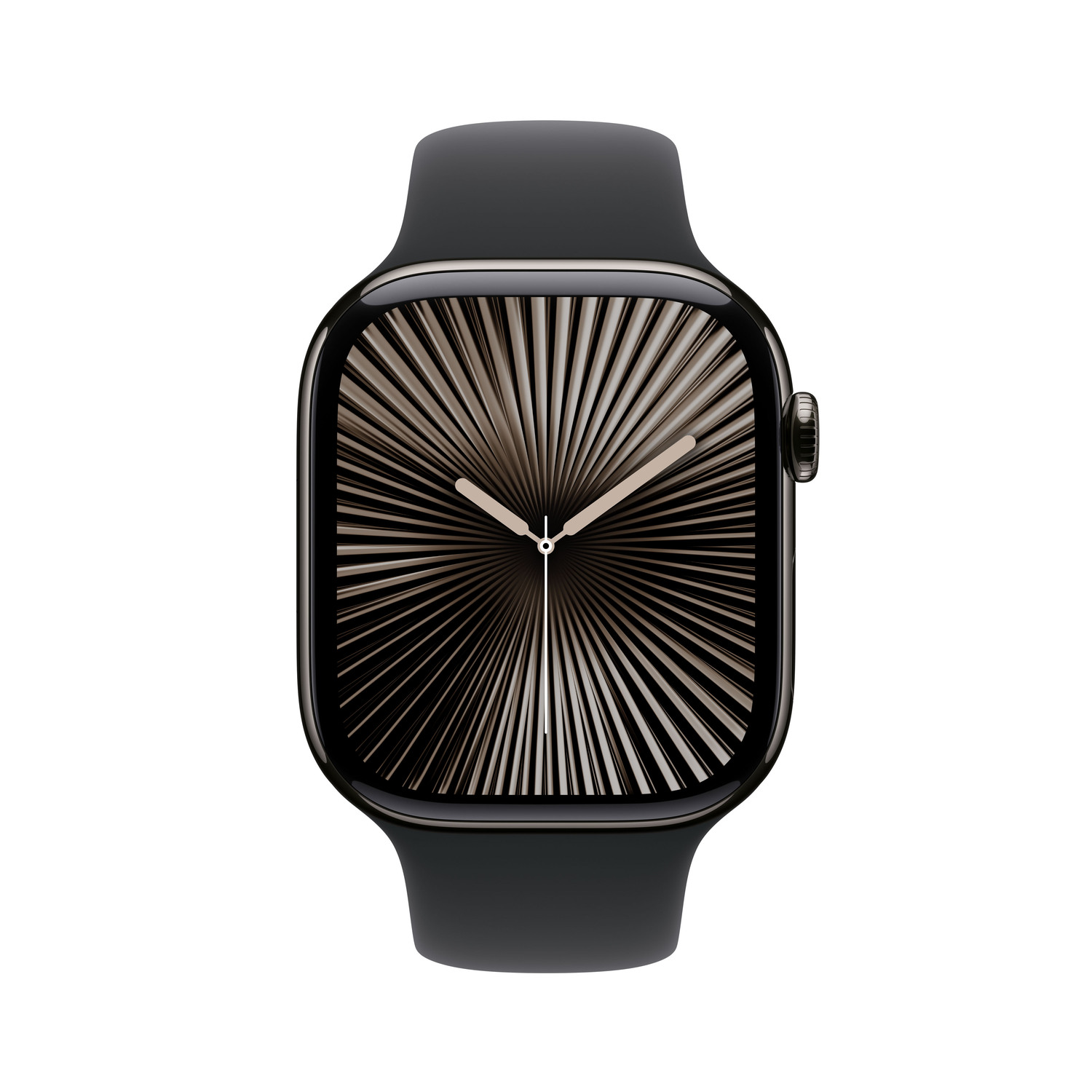 Black Apple Watch with a radial-patterned watch face, against a white background.