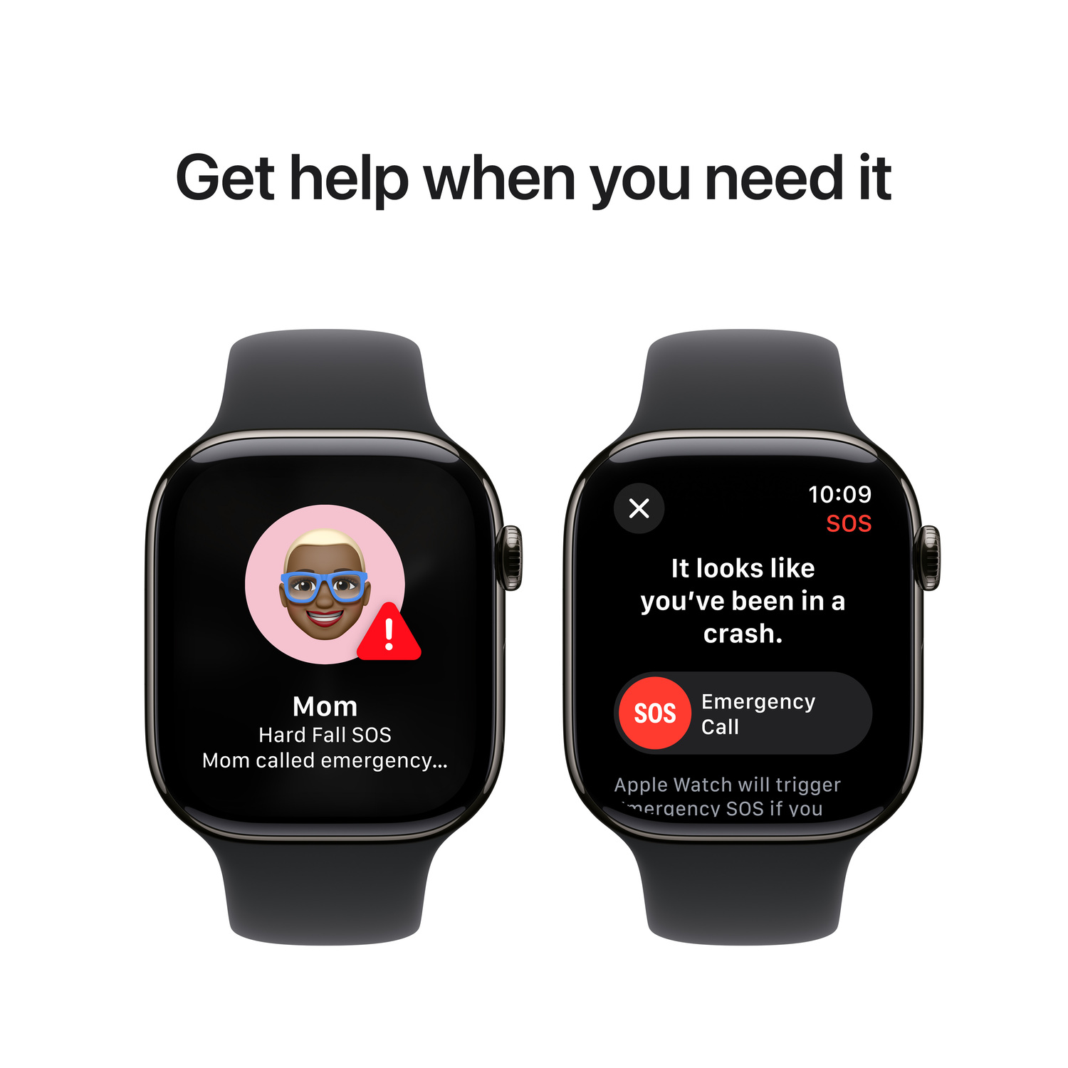 Two Apple Watches displaying emergency features. One shows a hard fall, the other SOS.