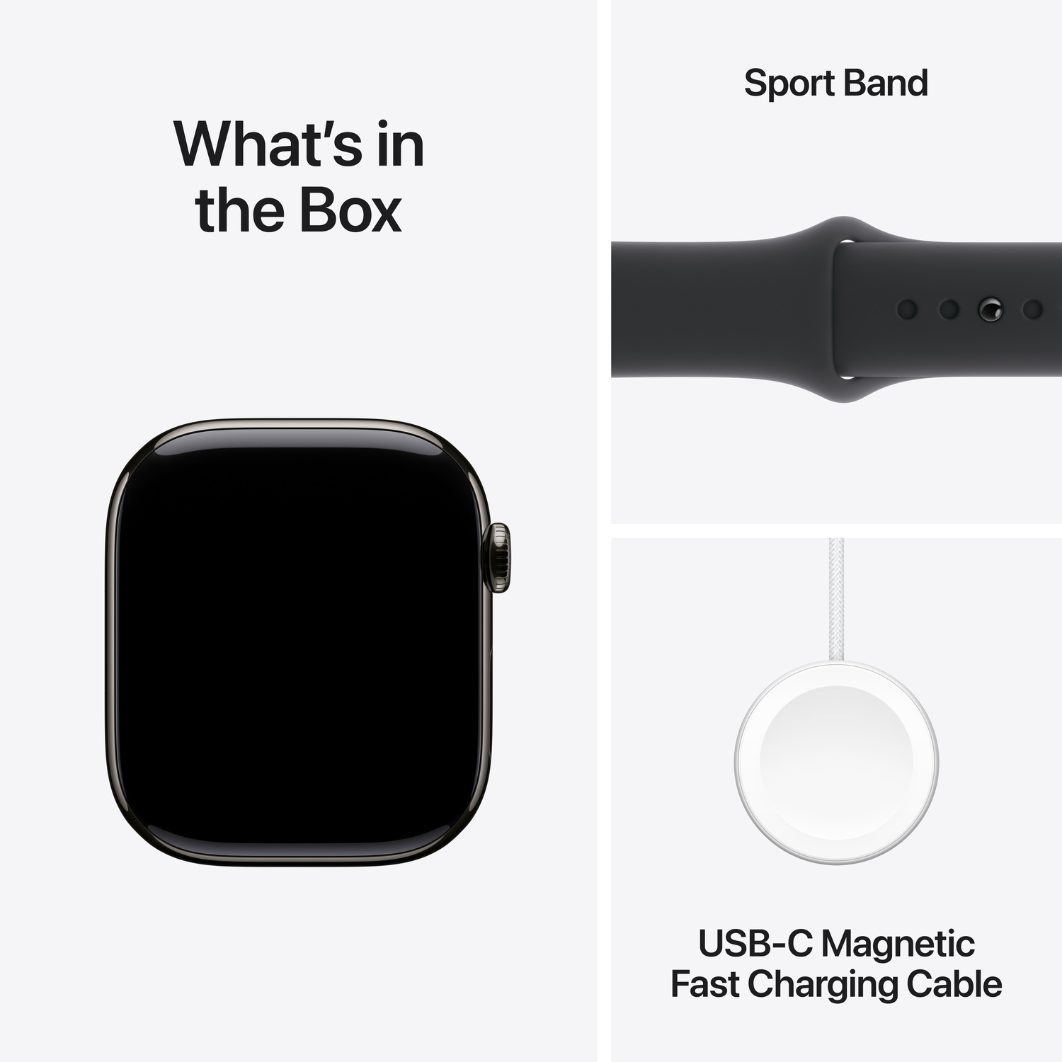 Apple Watch components: watch, sport band, and charging cable, presented on a white backdrop.