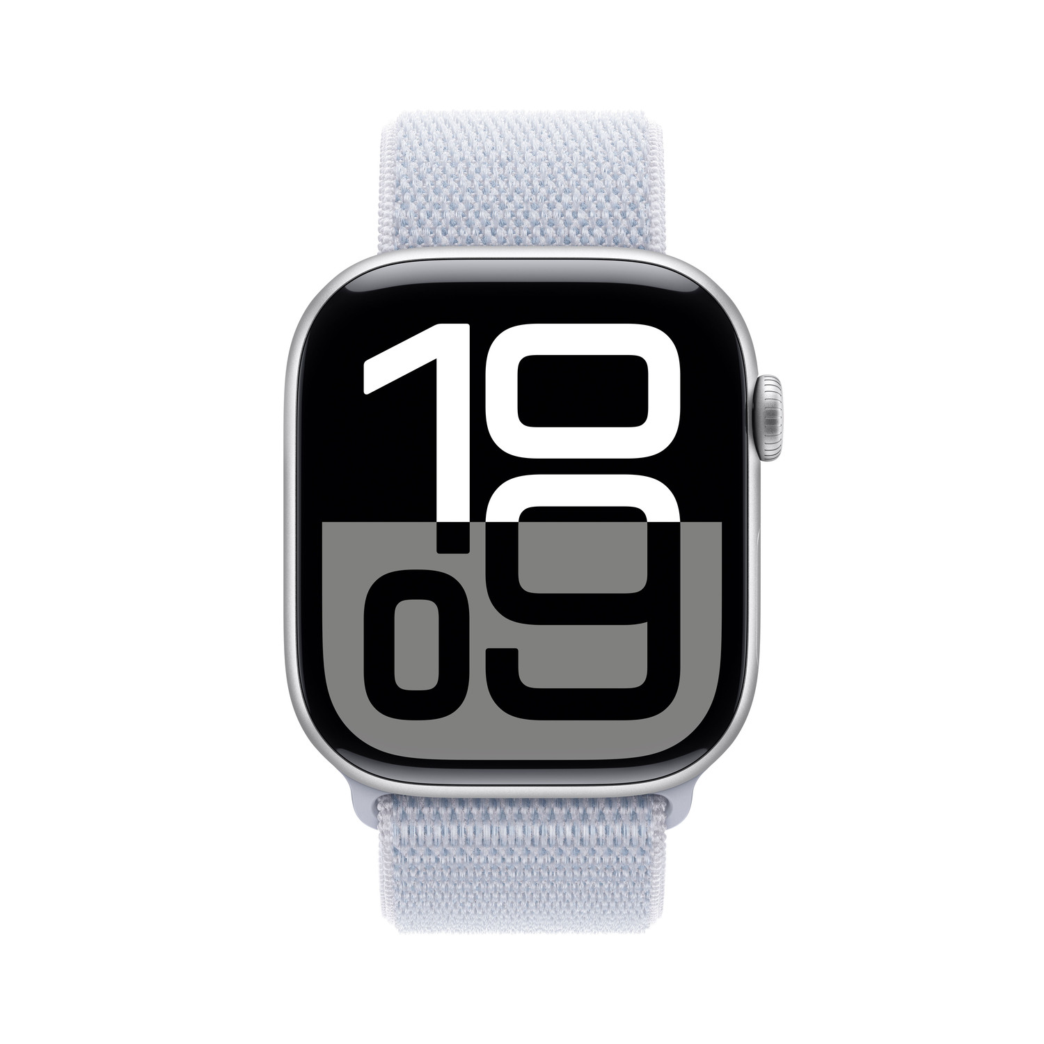 Smartwatch with light blue band displaying the time 19:09 on a black screen.