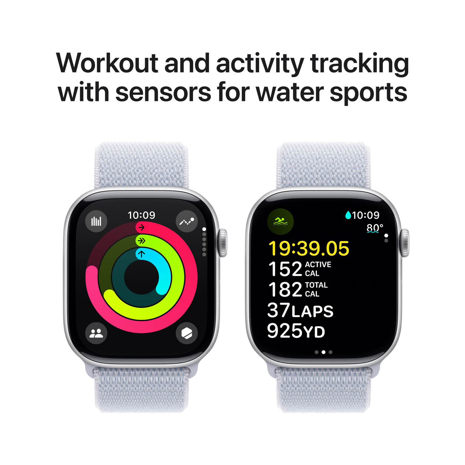 Two Apple Watches displaying workout data. Each has a different interface and colorful activity rings.
