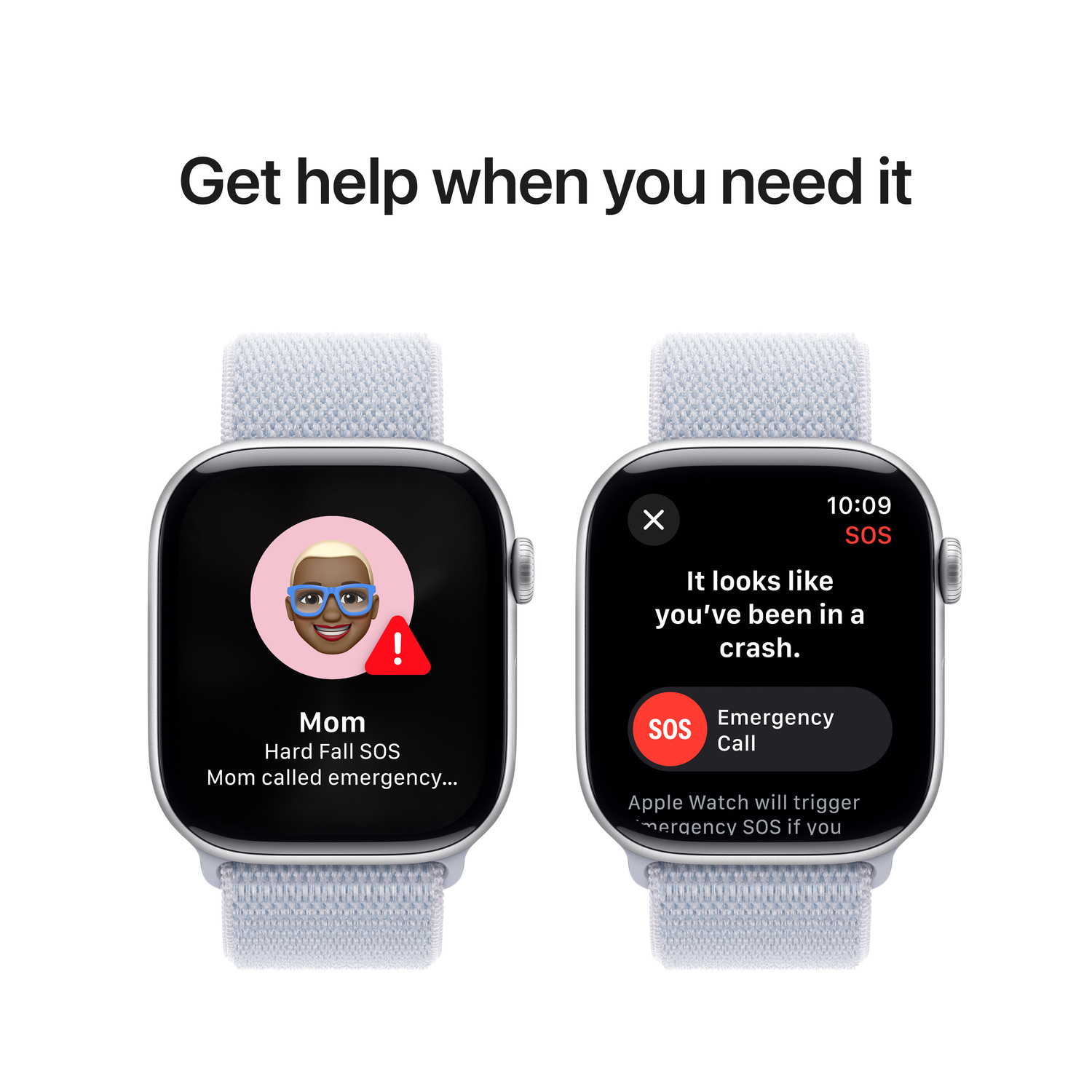 Apple Watch displays a hard fall SOS and emergency call screen with a cartoon mom.