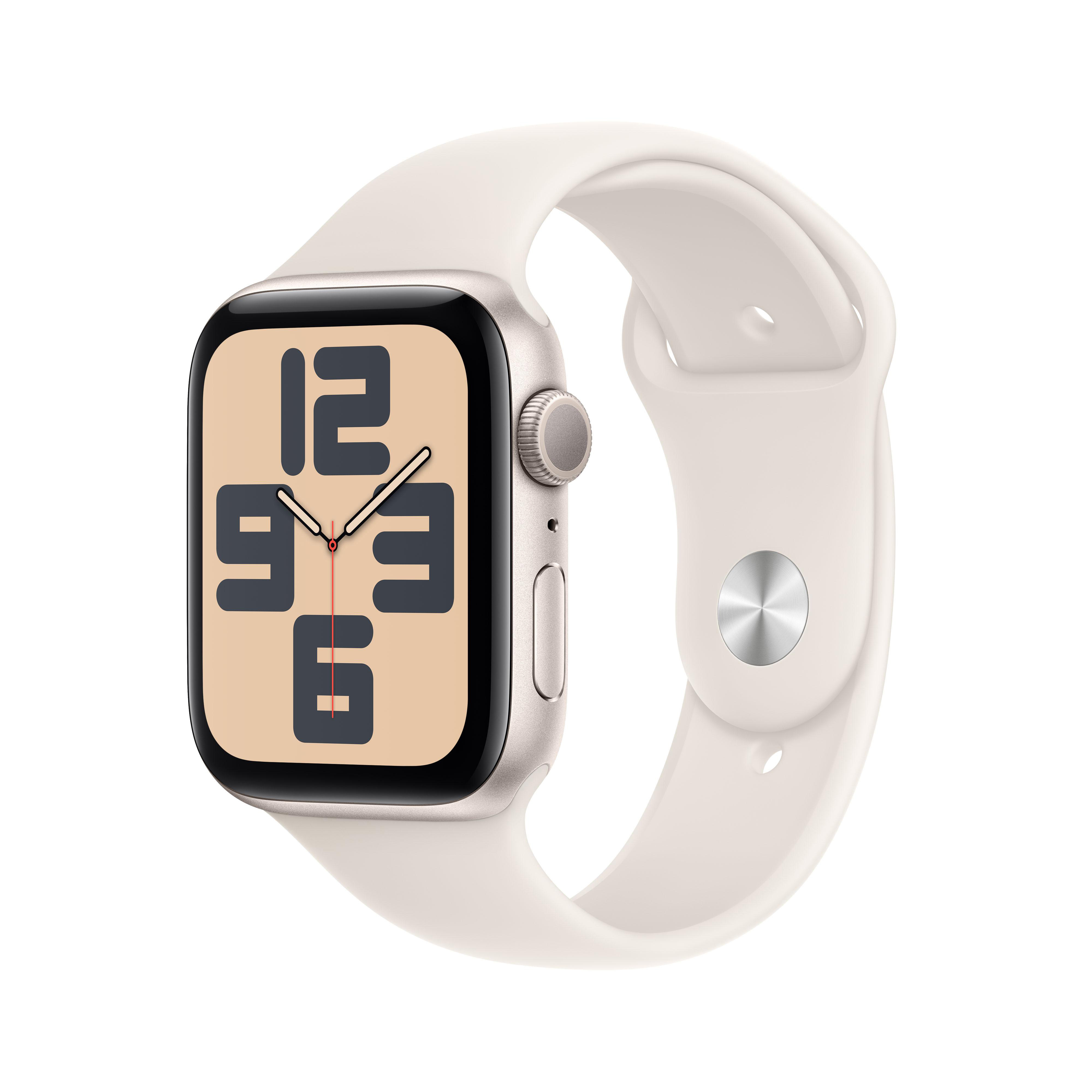 Goldene Apple Watch mit weißem Armband. Weißer Hintergrund.