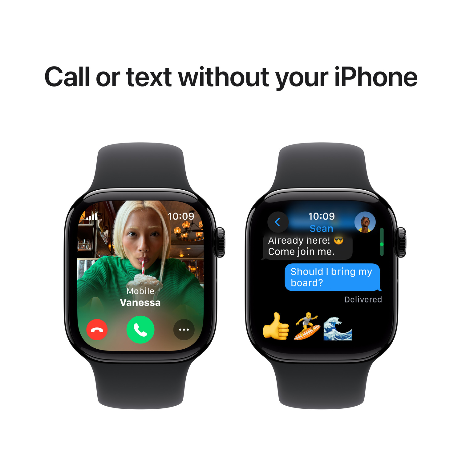 Two Apple Watches display calls and texts. One shows a video call, the other, a text message conversation.