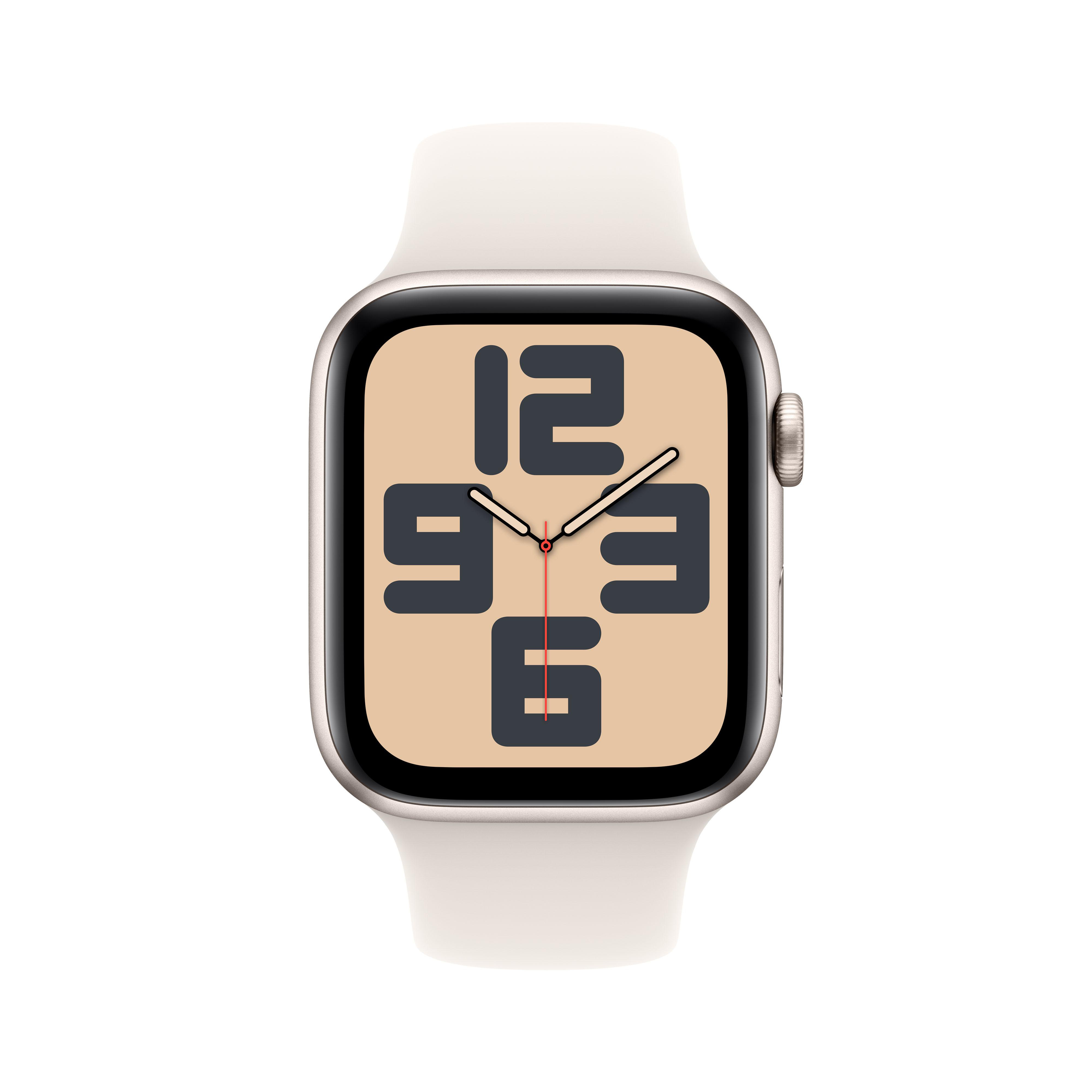 Apple Watch mit elfenbeinfarbenem Band, zeigt die Uhrzeit. Silbernes Gehäuse, beiges Zifferblatt.