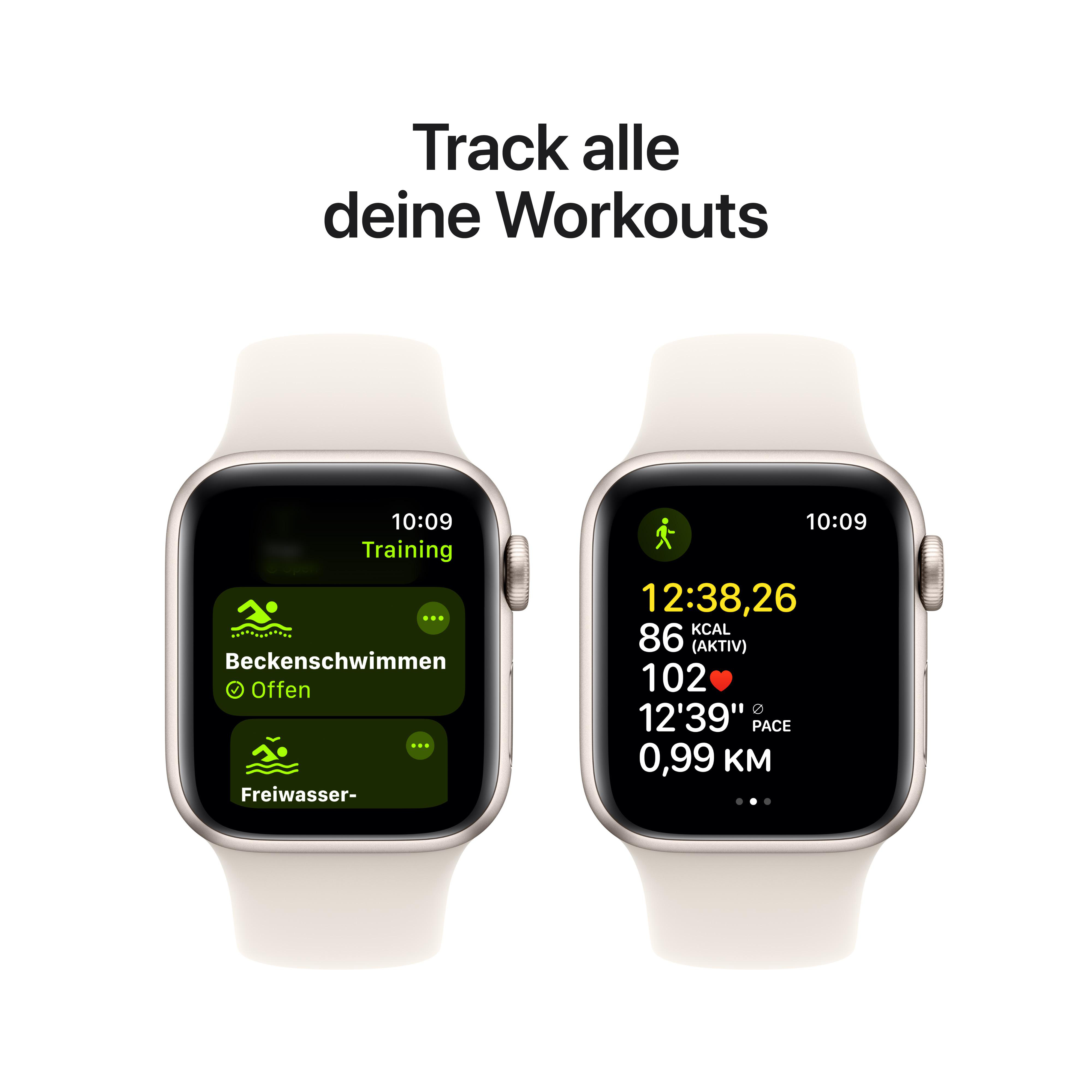 Zwei Apple Watches, die Workouts verfolgen. Anzeigen zeigen Trainingsdaten auf Deutsch: Zeit, Herzfrequenz, Tempo.