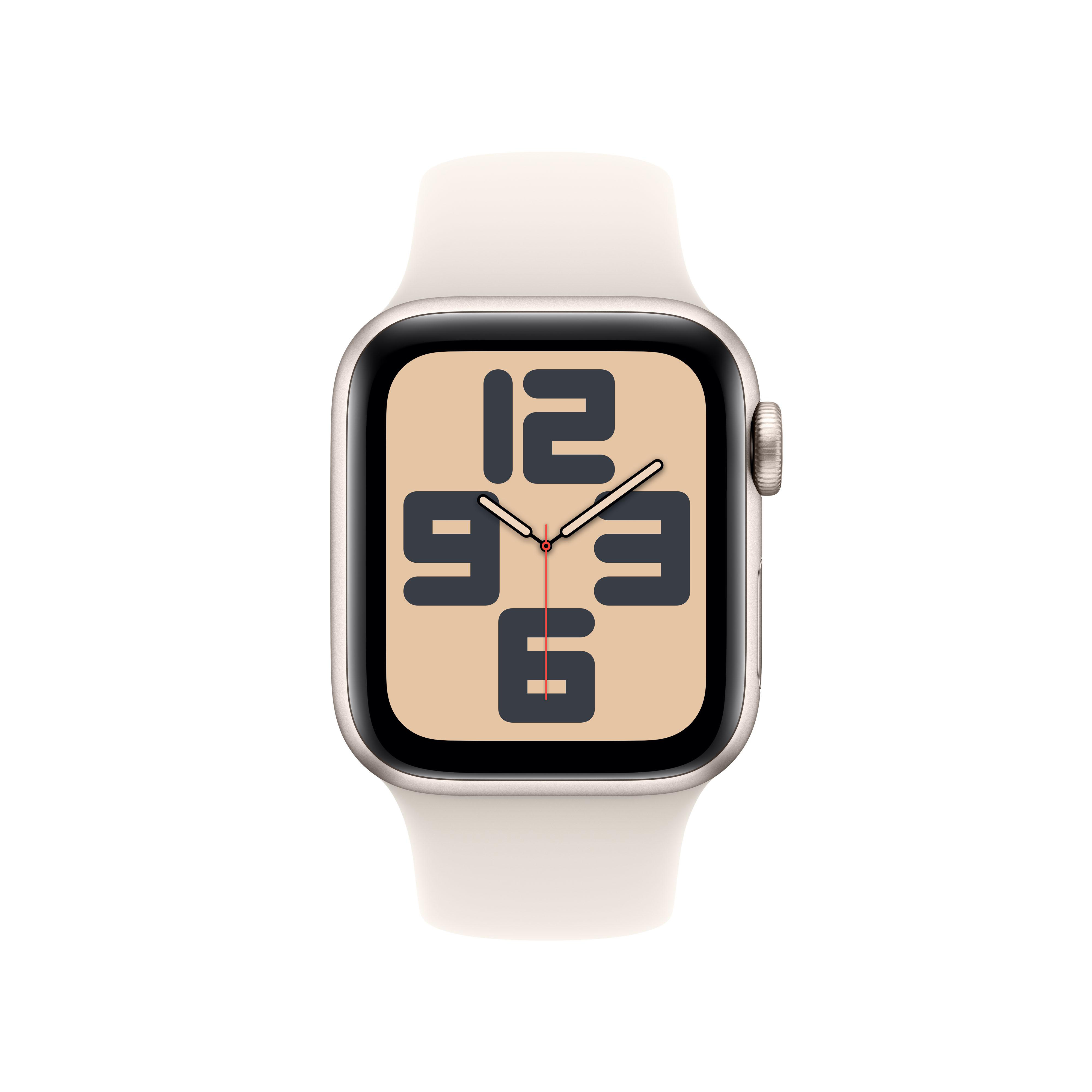 Silberne Smartwatch mit cremefarbenem Zifferblatt, das die Uhrzeit mit großen schwarzen Ziffern anzeigt.