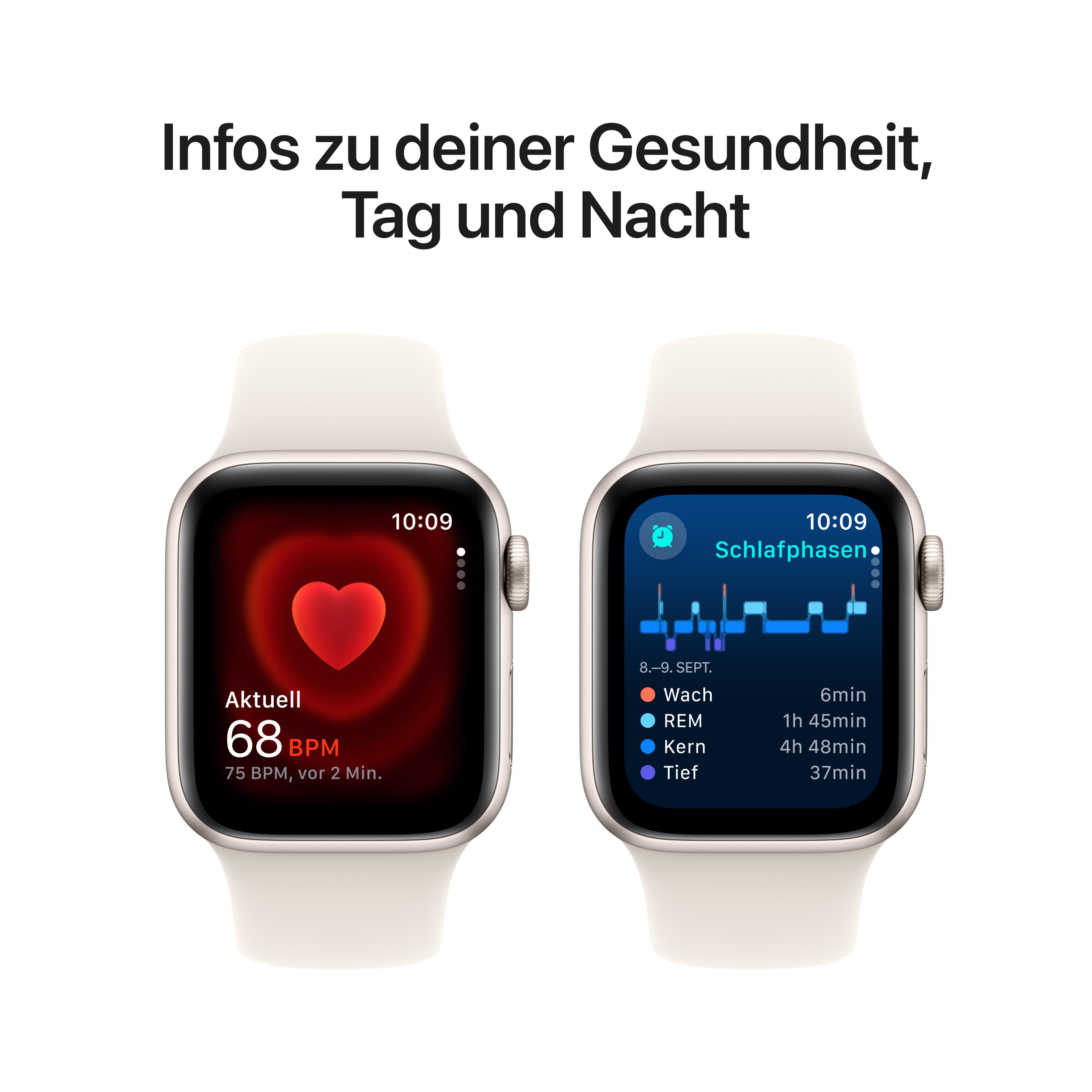 Zwei Smartwatches zeigen Herzfrequenz und Schlafphasen, die aktuelle Herzfrequenz und Schlafdaten anzeigen.