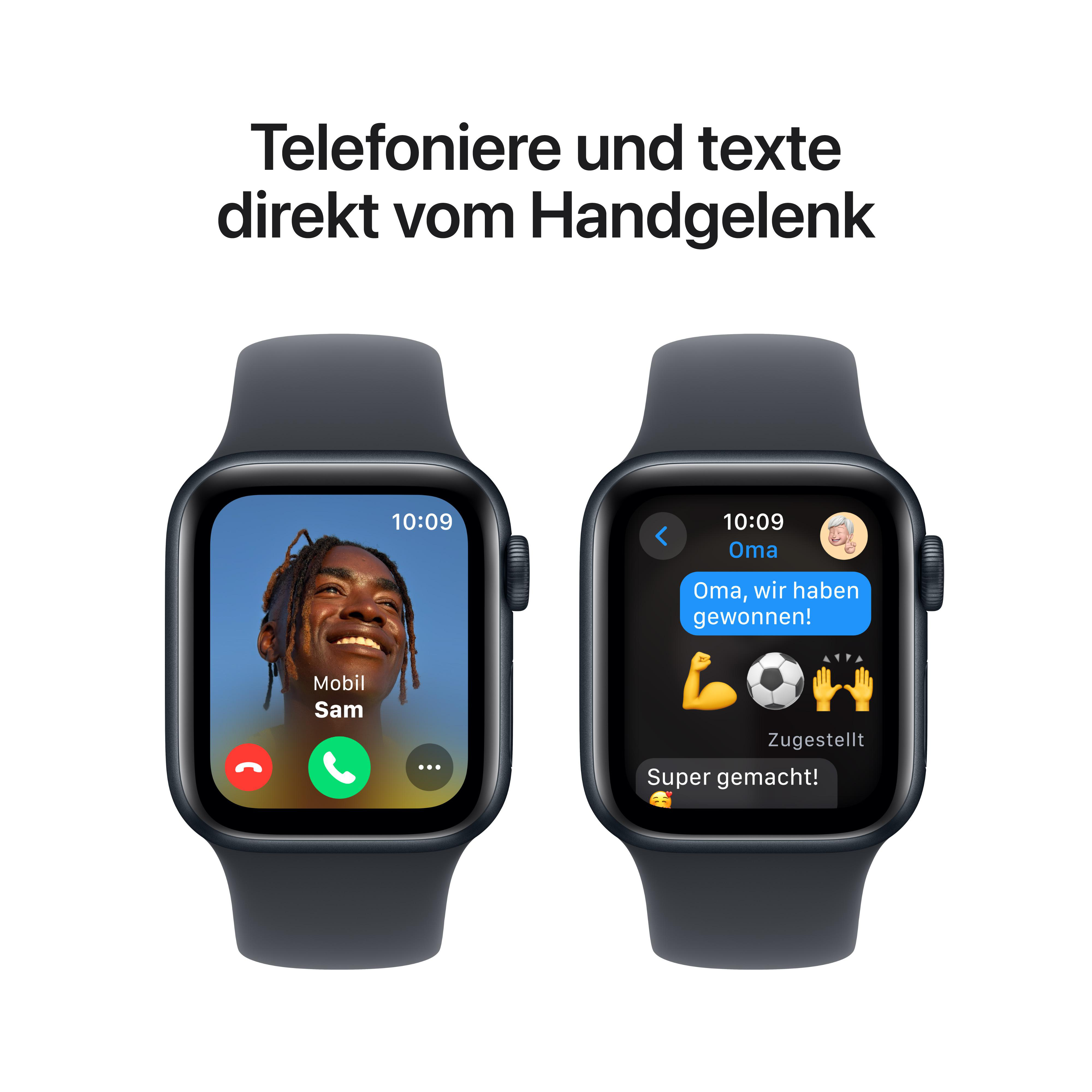 Zwei Apple Watches. Eins zeigt einen Anruf von Sam, das andere eine SMS von Oma.