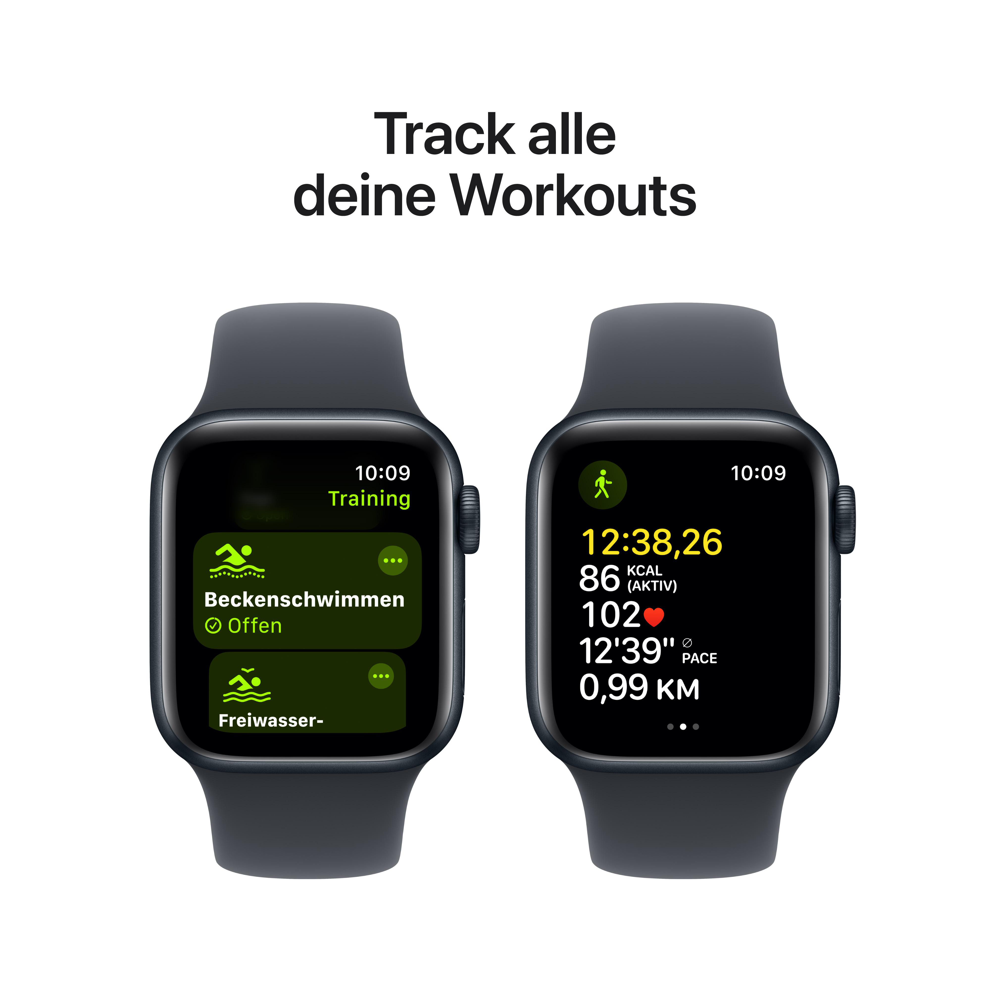 Zwei Smartwatches mit dunkelgrauen Armbändern, die Trainingsverfolgungsdaten und Metriken auf den Bildschirmen anzeigen.