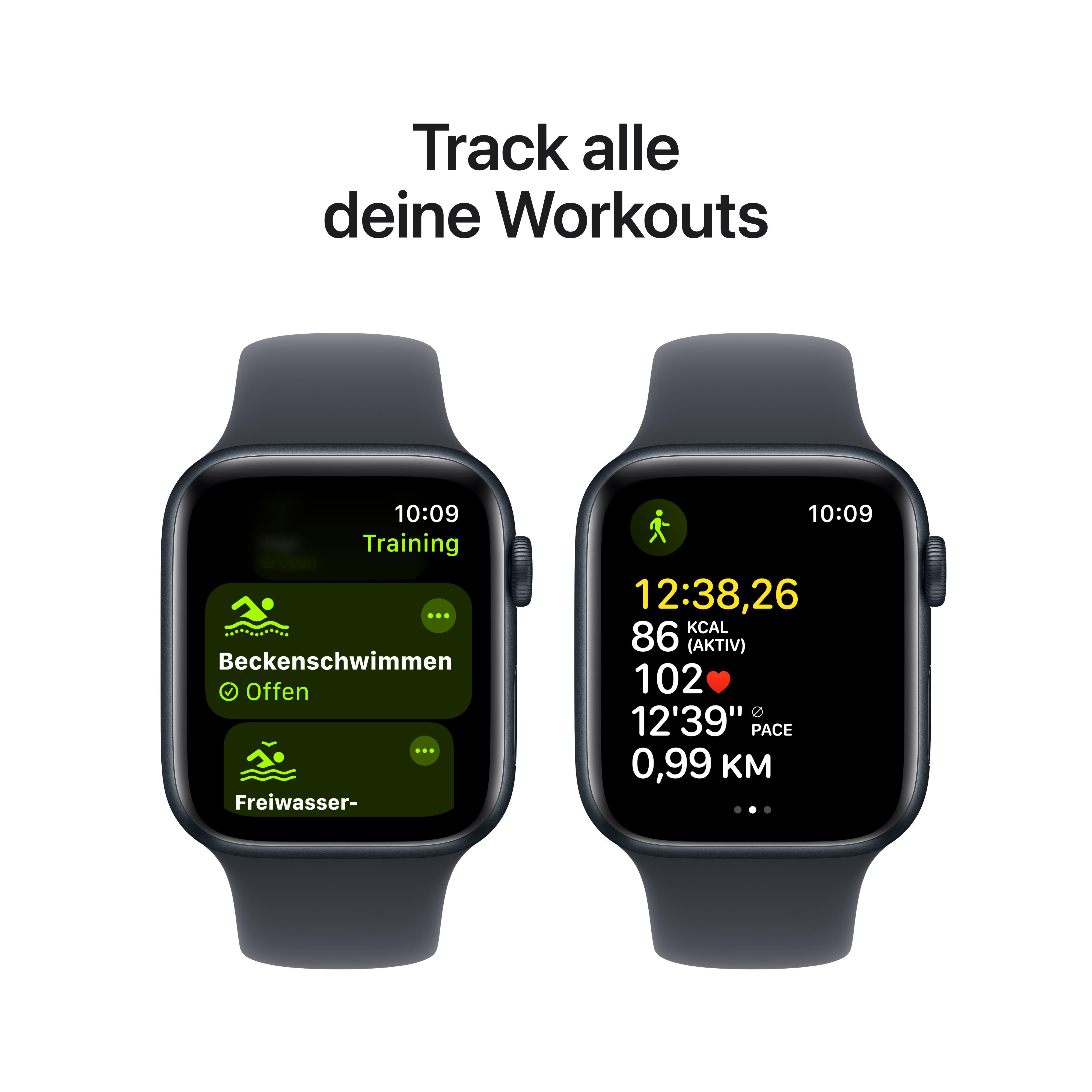 Zwei Apple Watches zeigen Trainingsdaten. Eine zeigt Schwimmstatistiken, die andere Trainingsmetriken wie Herzfrequenz.