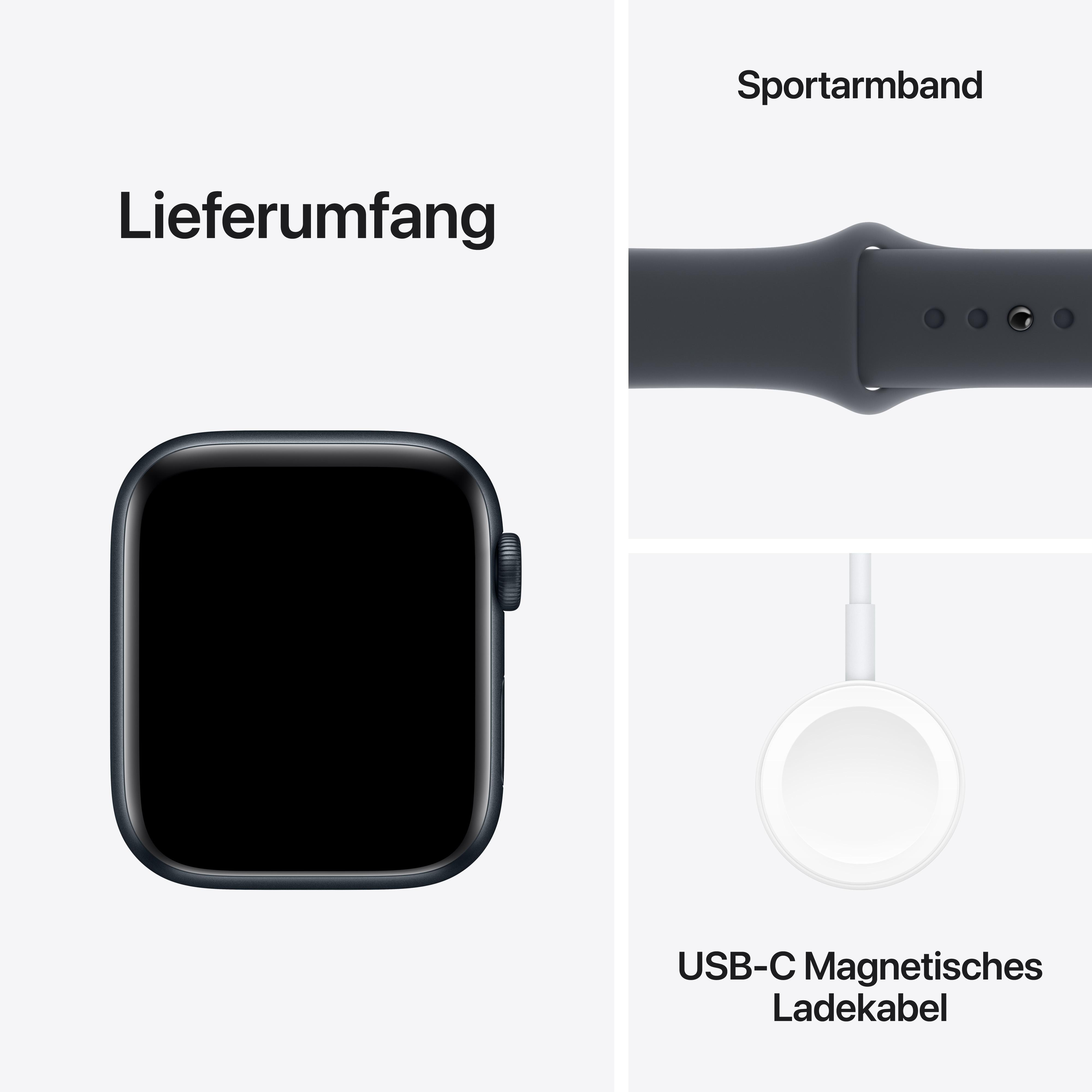 Apple Watch, Armband und magnetisches USB-C-Ladekabel. Die Uhr ist schwarz.
