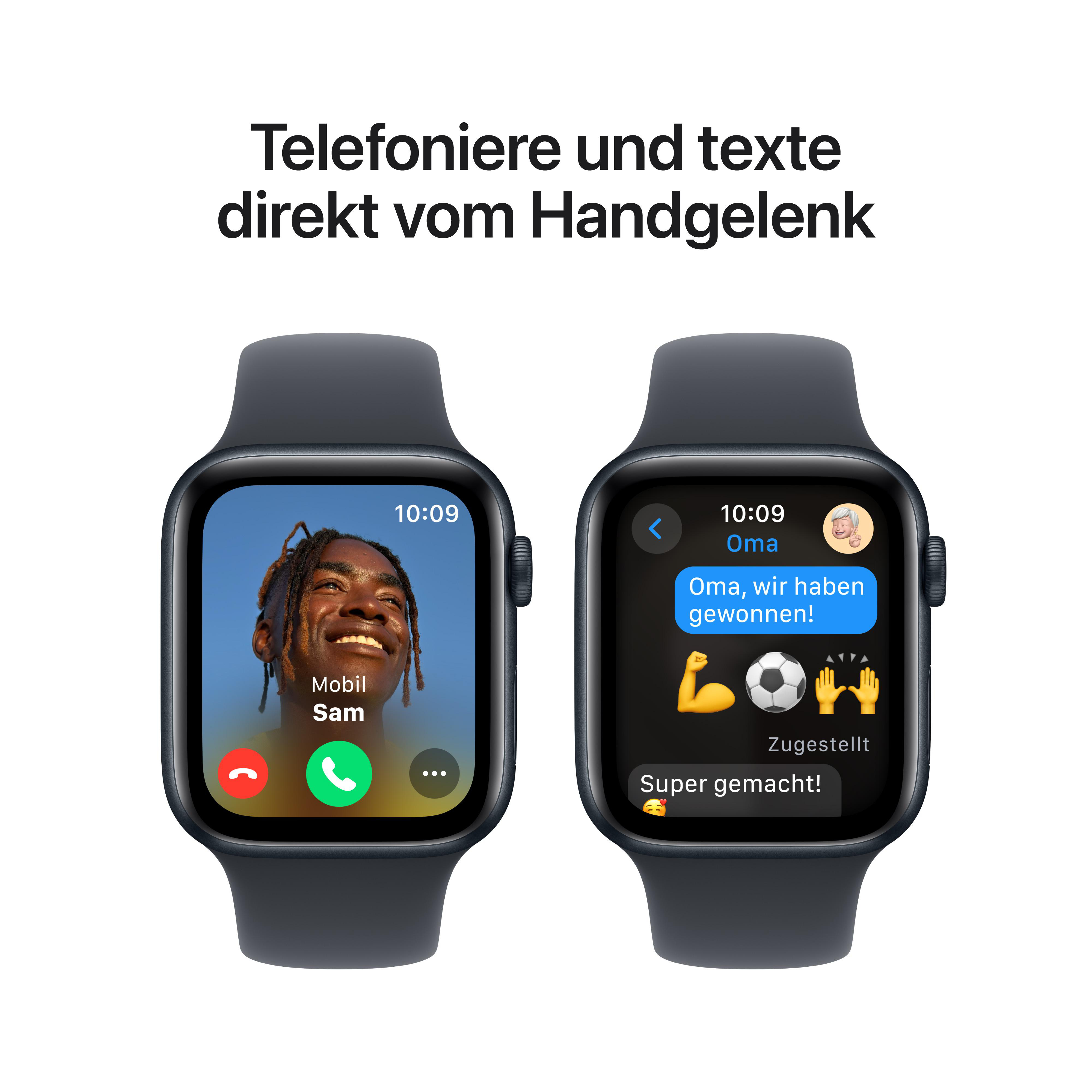 Zwei schwarze Apple Watches zeigen Anruf und SMS-Verlauf mit Emojis.