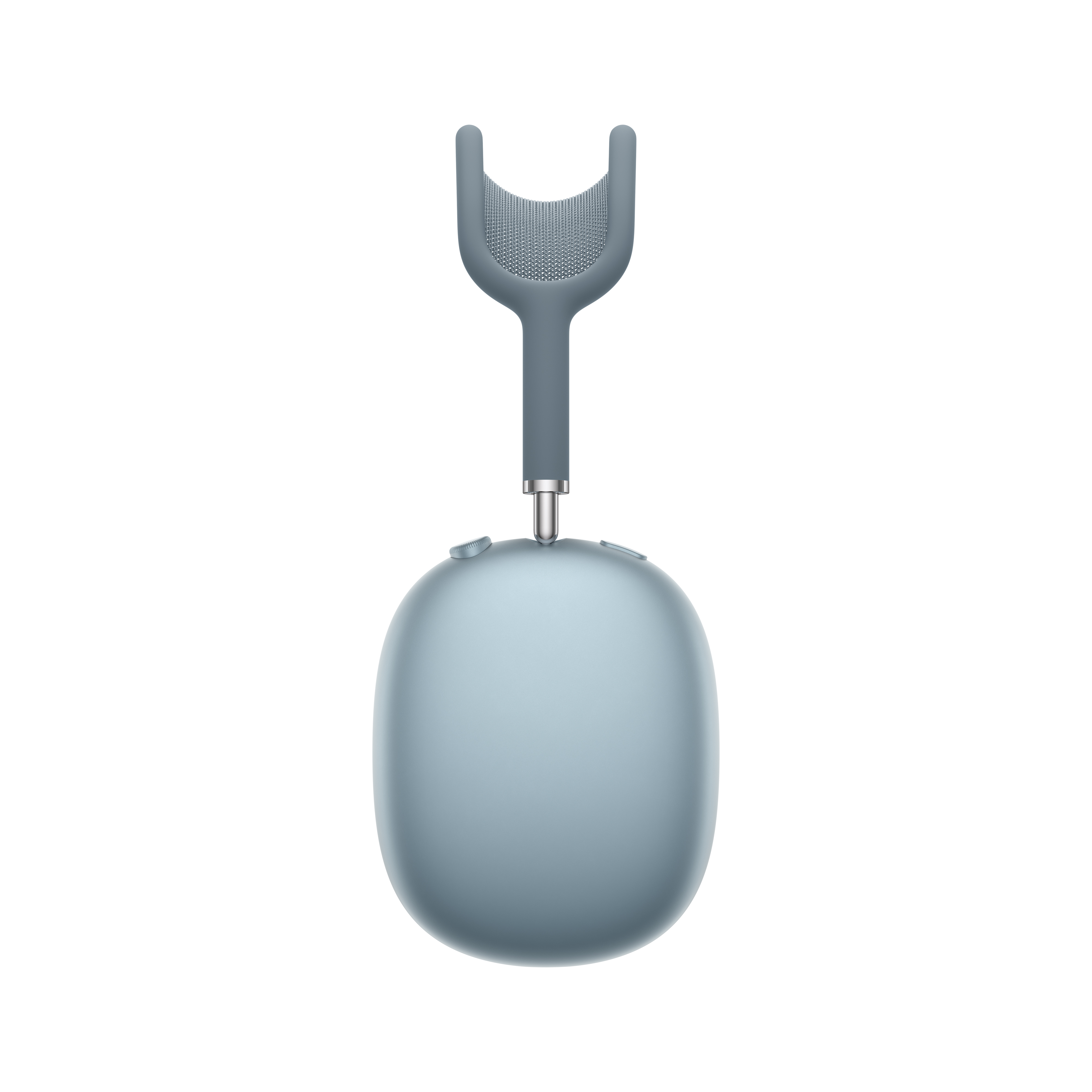 Kék AirPods Max fejhallgató fejpánttal és fülkagylókkal, fehér háttér előtt.