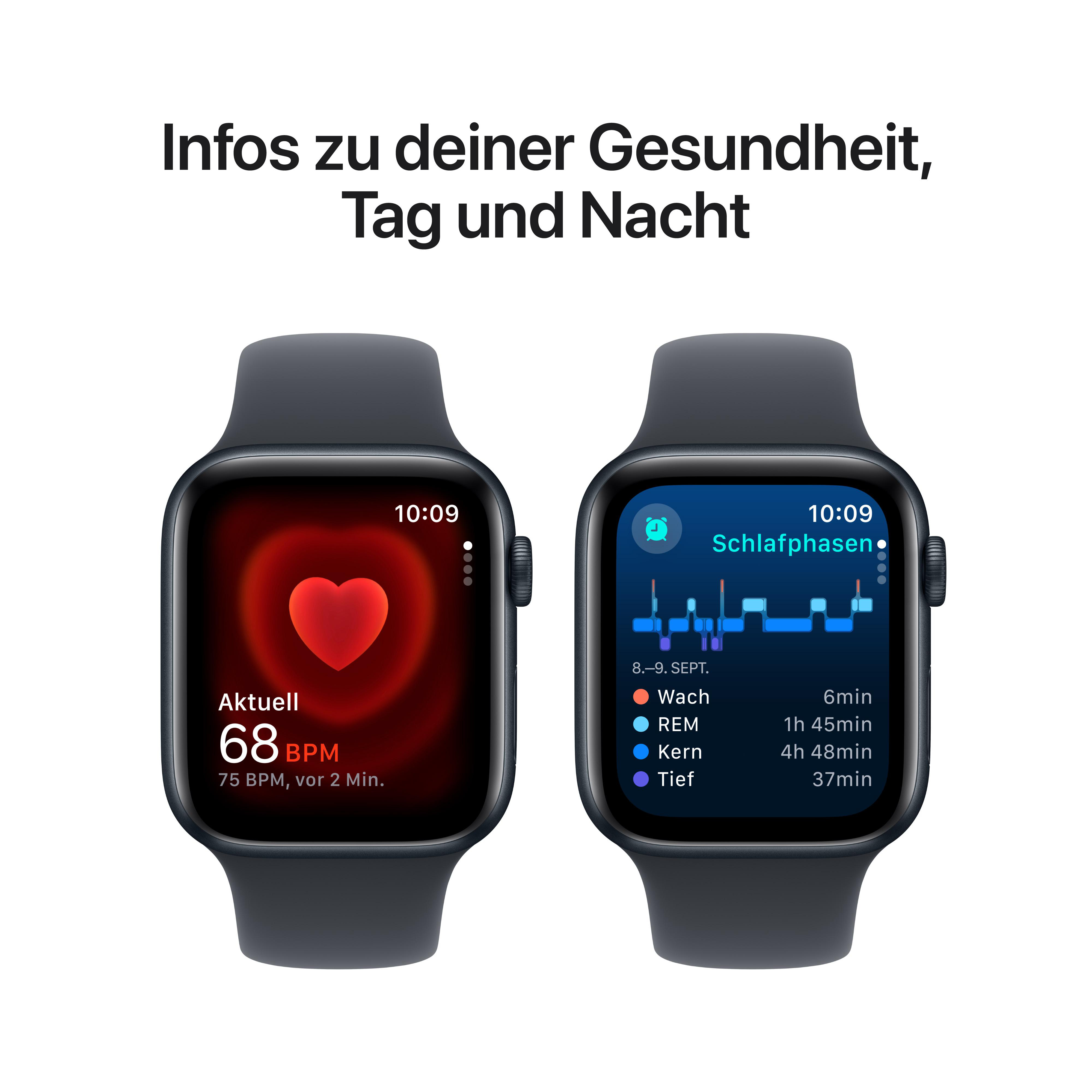 Zwei Apple Watches zeigen Gesundheitsdaten: Herzfrequenz und Schlafphasen. Blaue und rote Grafiken.